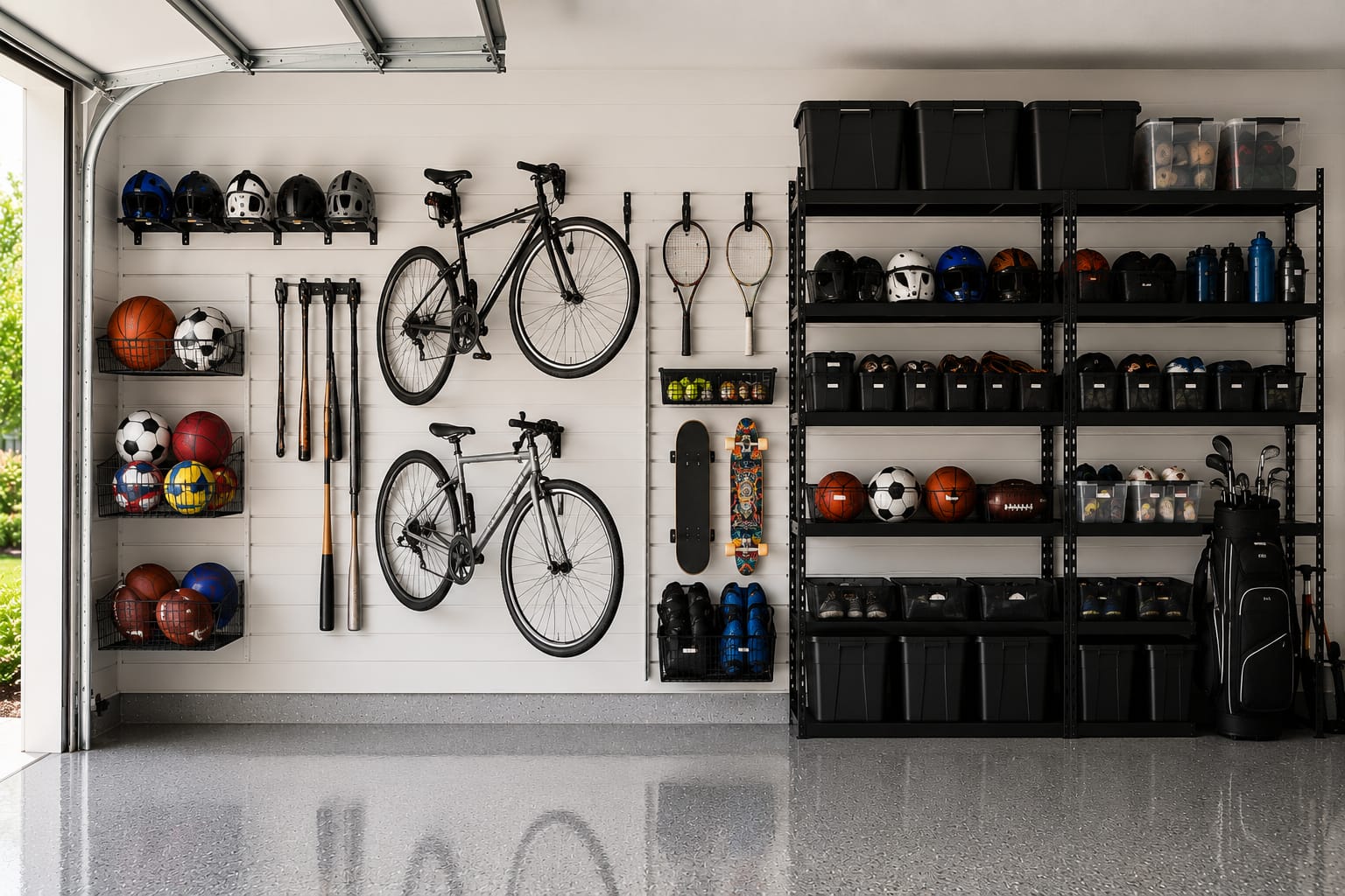 Sports equipment garage organization ideas with wall-mounted bike storage, ball rack, helmets, and organized storage shelves