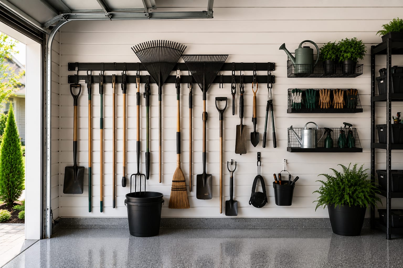 Garden tool organization ideas with wall-mounted storage rack in a clean modern American garage