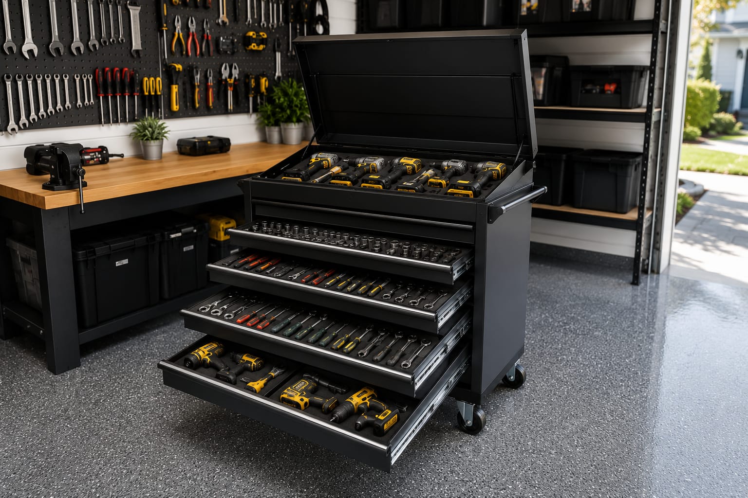 Rolling tool chest garage organization ideas with neatly organized power tools and workbench