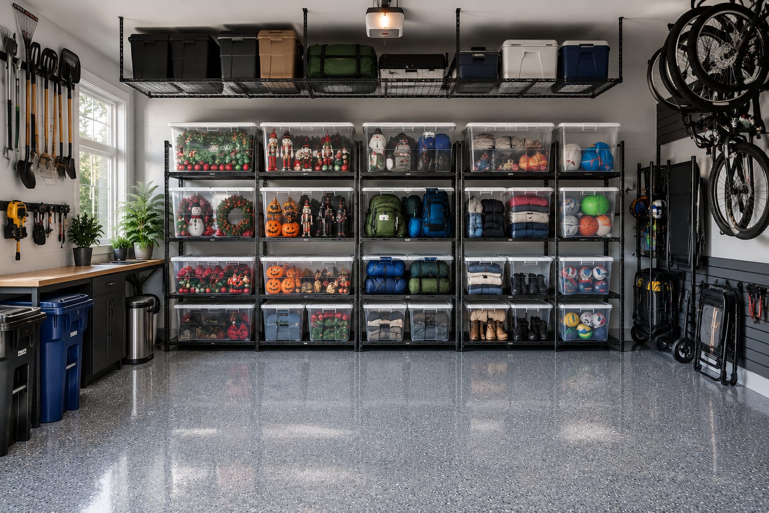 Seasonal garage organization ideas with labeled storage bins, overhead storage racks, and organized garage shelving