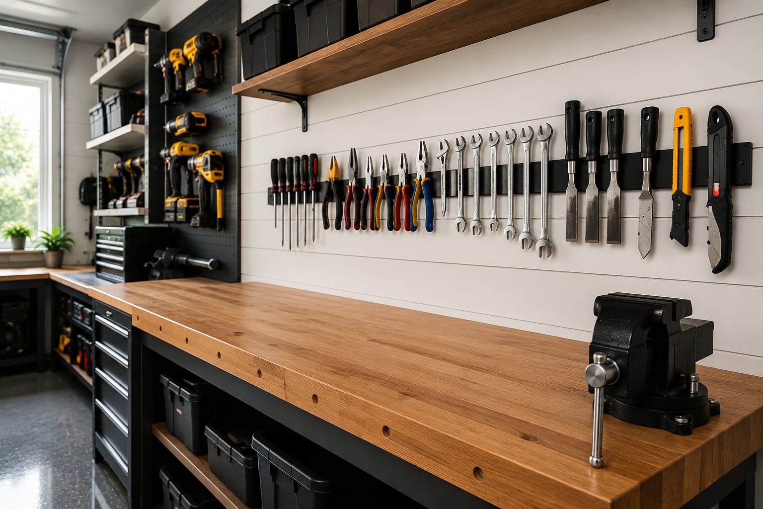 Magnetic tool strip garage organization ideas with neatly organized hand tools above a workbench