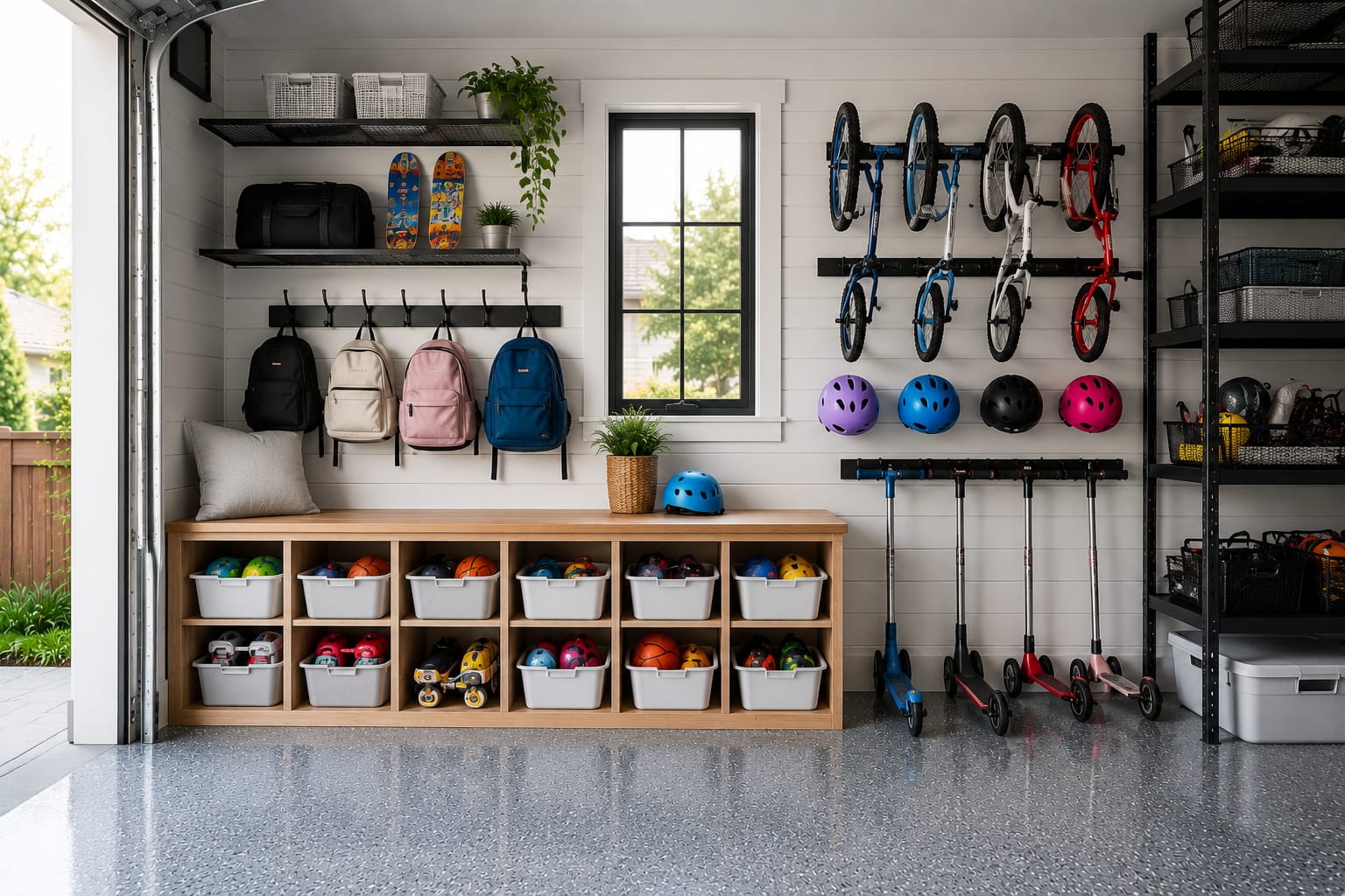 Kids garage organization ideas with wall hooks, cubbies, labeled storage bins, bicycles, scooters, and sports equipment