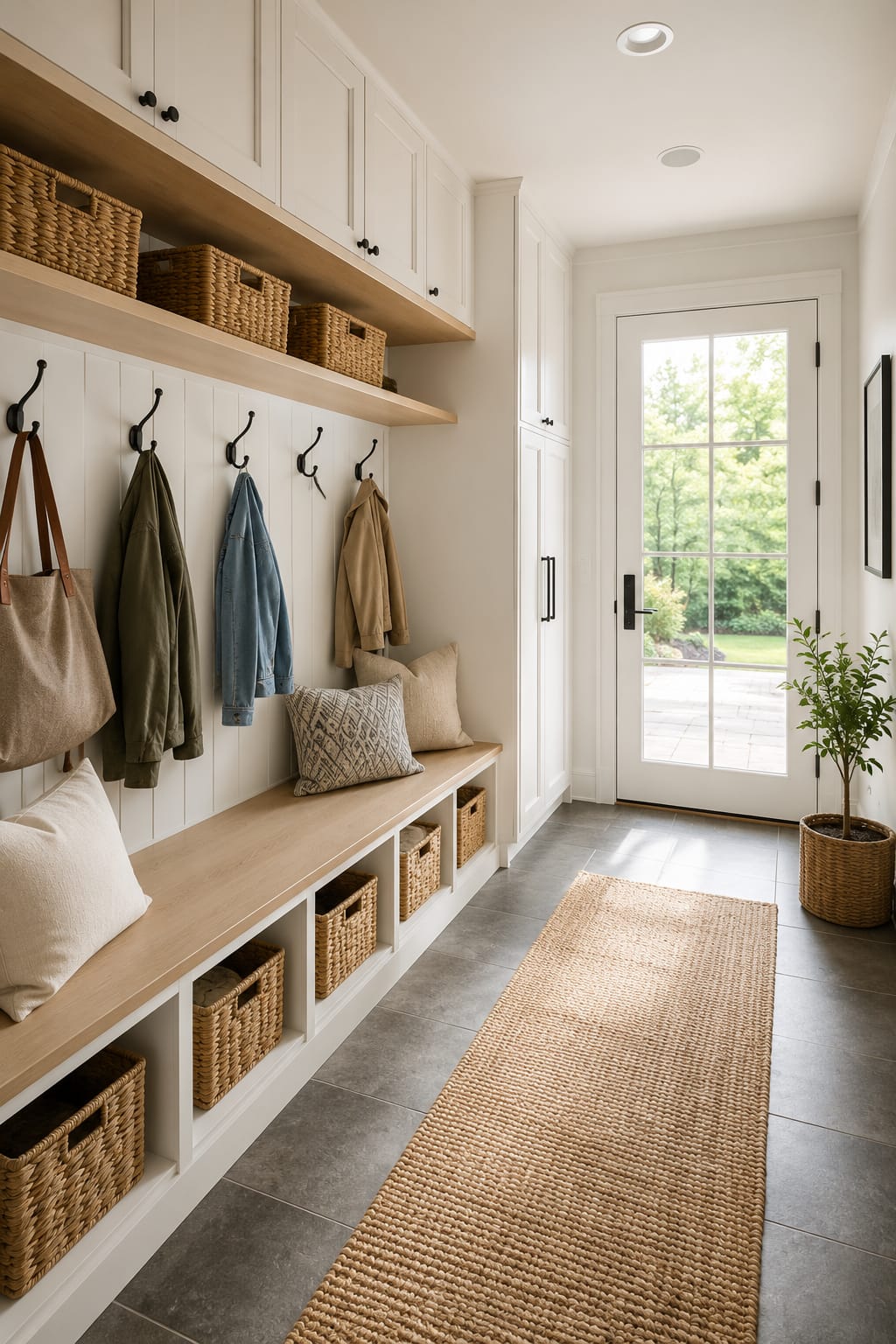 Modern American mudroom with white shaker cabinets, built-in storage bench, woven baskets, wall hooks, and organized shoe storage showing practical mudroom organization ideas.
