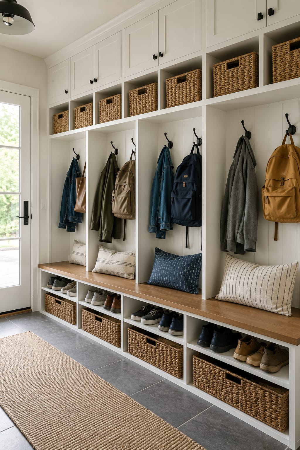 Modern American mudroom with individual family storage zones, built-in cubbies, wall hooks, woven baskets, and organized shoe storage for clutter-free entryway organization