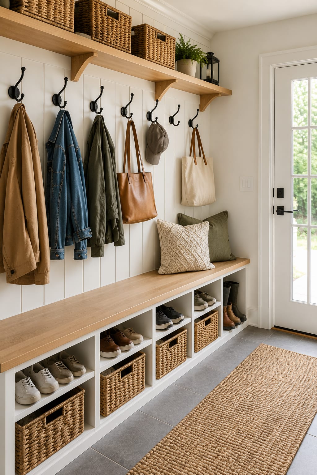 Modern mudroom with wall-mounted hook rail, storage bench with cubbies, woven baskets, and organized shoes showcasing practical mudroom organization ideas.