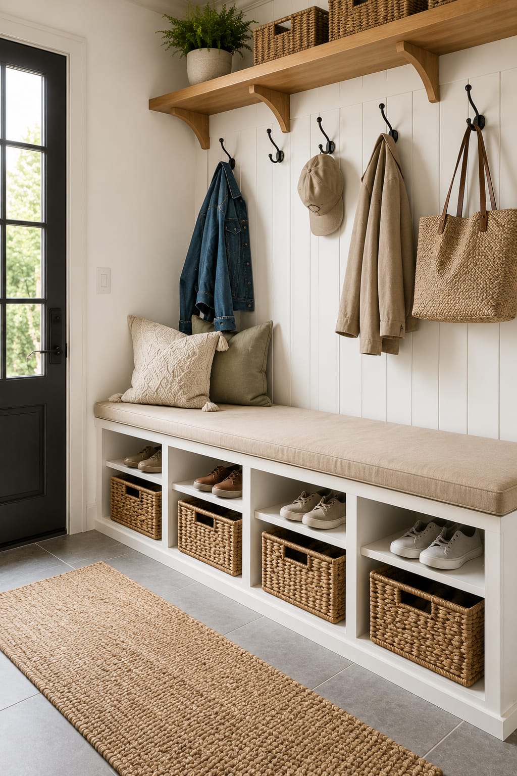 Built-in mudroom storage bench with cubbies, woven baskets, wall hooks, and organized shoes showing practical mudroom organization ideas.