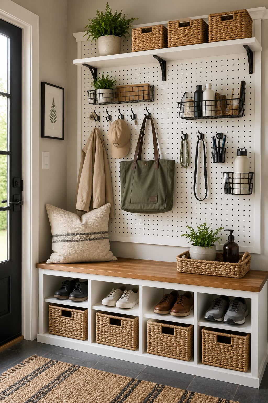 White pegboard in a modern mudroom with hooks, shelves, baskets, and storage bench showing practical mudroom organization ideas.