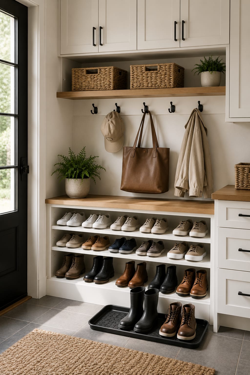 Dedicated mudroom shoe storage with organized shoe rack, boot tray, and shelves showing practical mudroom organization ideas.