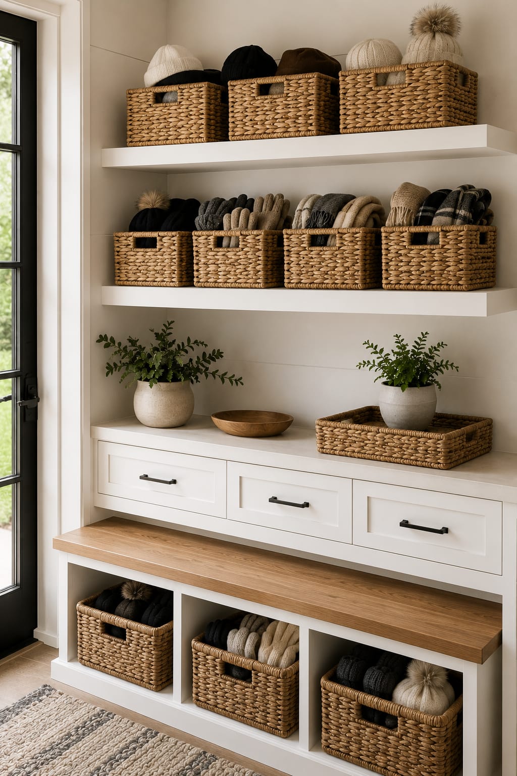 Woven storage baskets on floating shelves organizing hats, gloves, and scarves with practical mudroom organization ideas.
