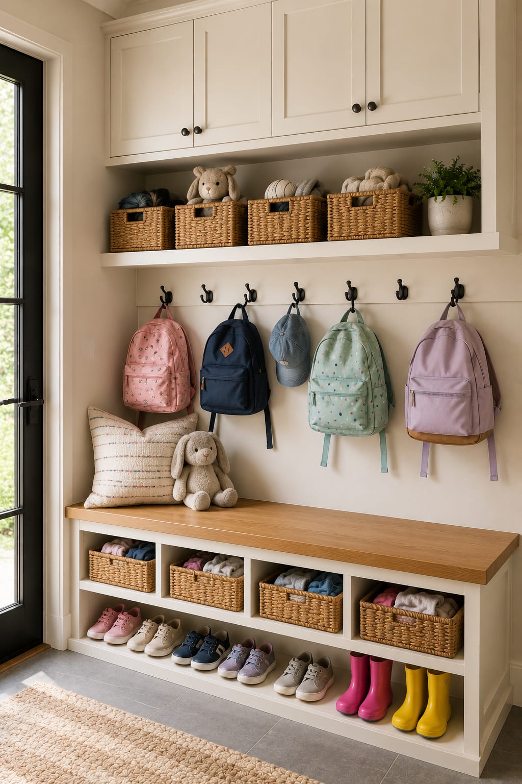 Kids' mudroom organization with low wall hooks, colorful backpacks, cubbies, and shoes showing practical mudroom organization ideas.