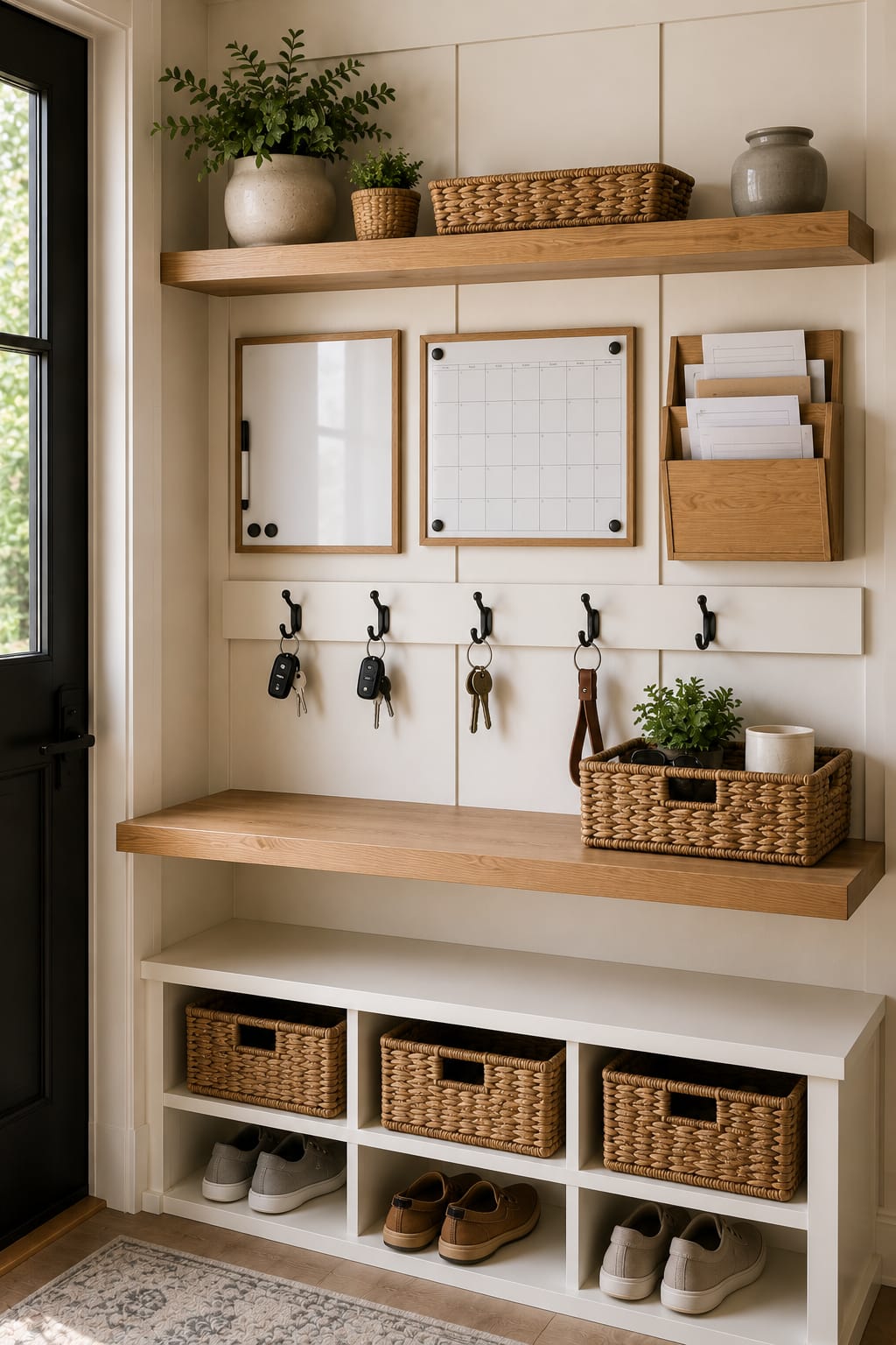Modern American mudroom drop zone with wall shelf, key hooks, storage baskets, and entryway organization ideas.