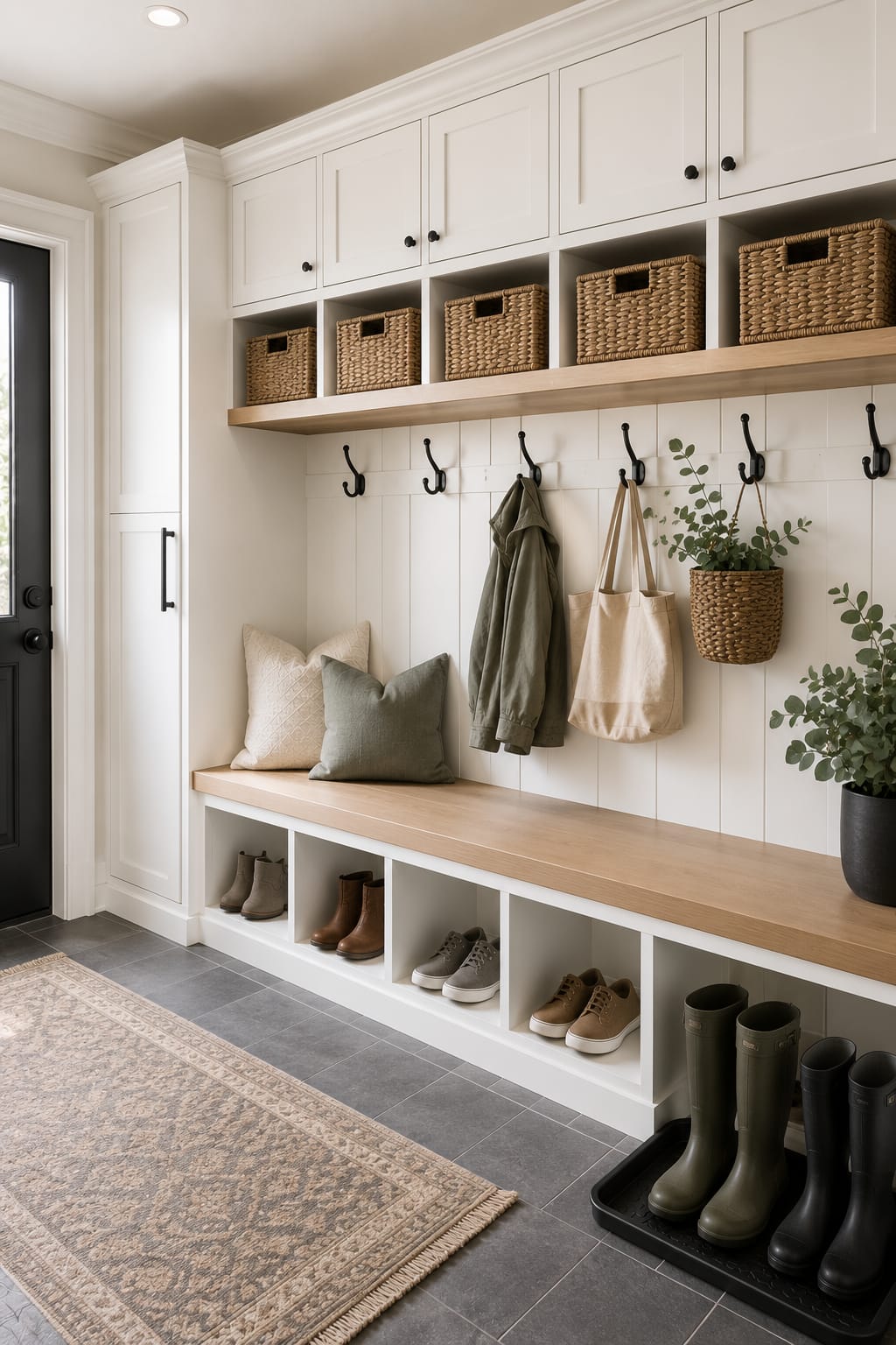 Modern American mudroom drop zone with wall shelf, key hooks, storage baskets, and entryway organization ideas.