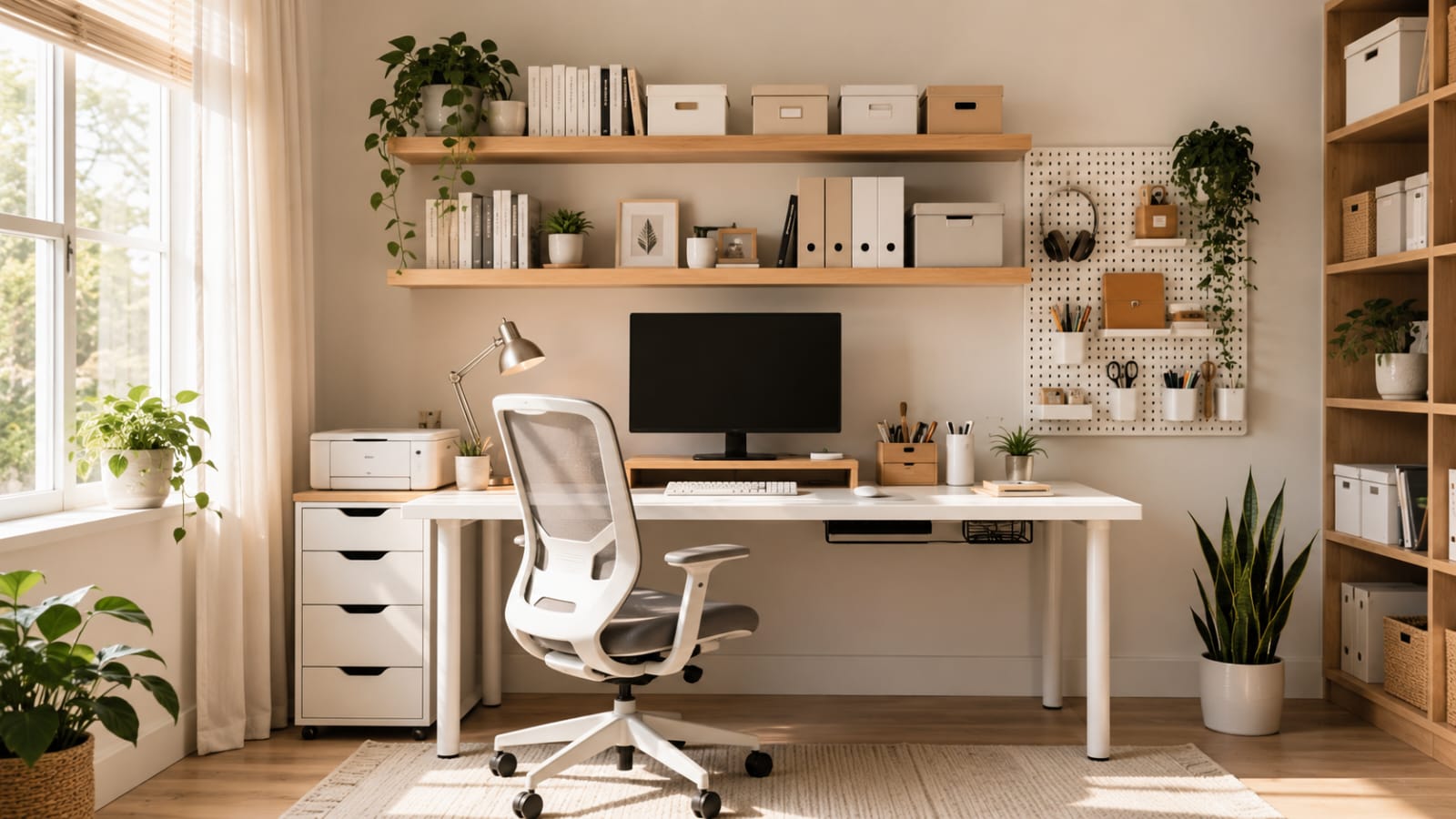 Fully organized small home office with floating shelves, pegboard, and monitor stand showing practical home office organization ideas