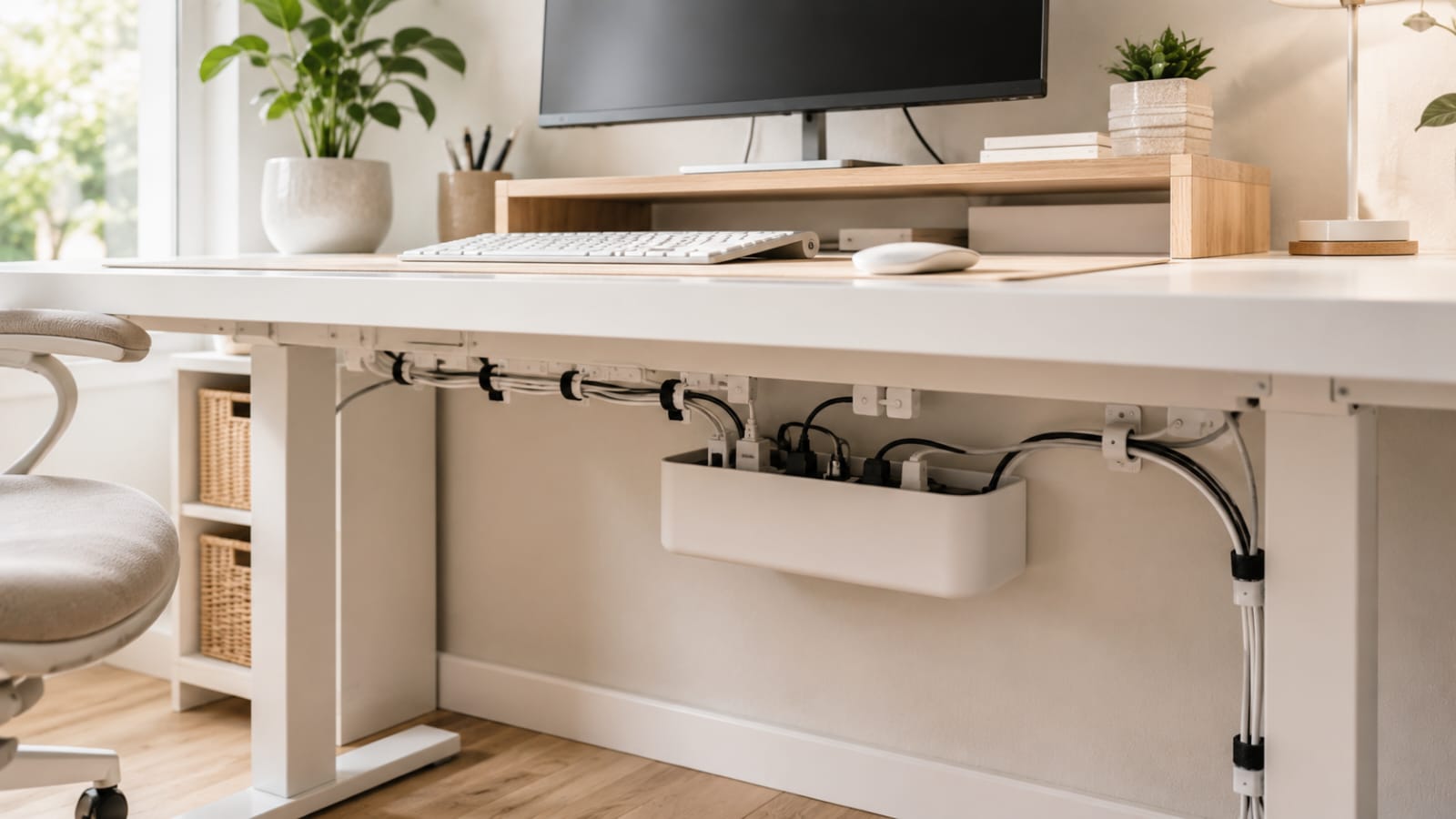 Clean home office desk with cable management box and neatly organized cables for a clutter-free workspace