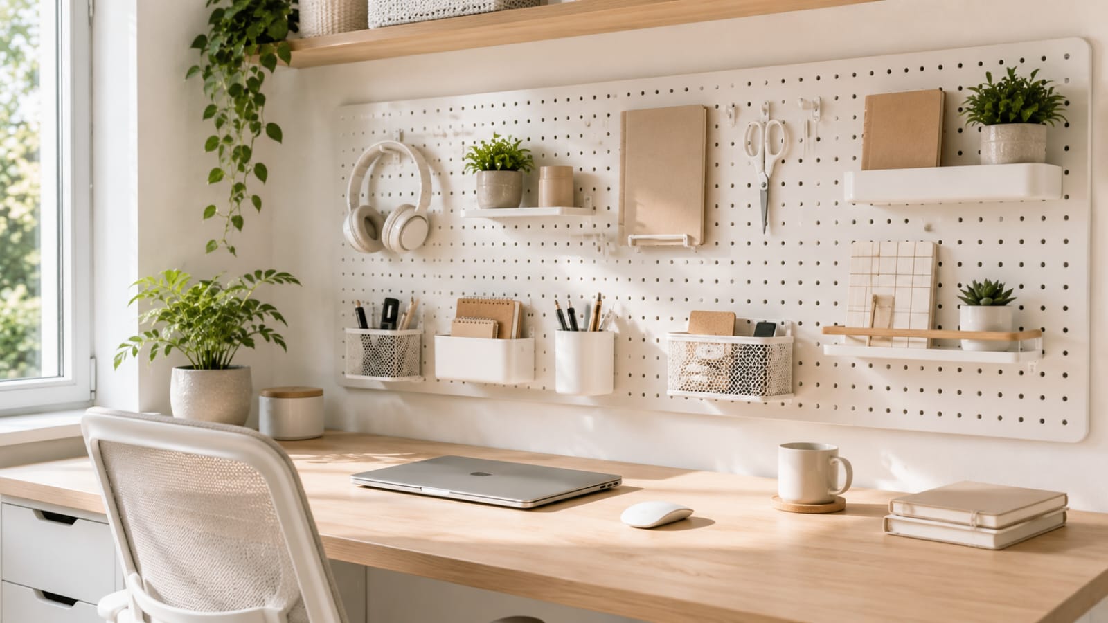 White pegboard wall organizer above a home office desk with hooks, shelves, baskets, and office supplies for small home office organization