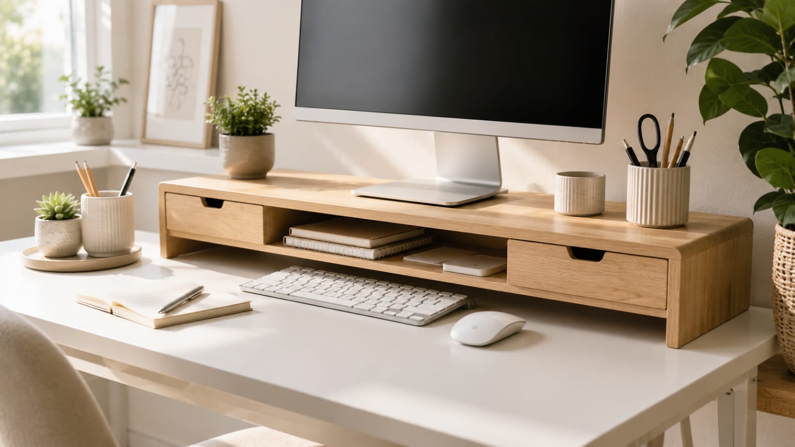 Modern home office desk with monitor stand and hidden storage underneath showing smart desk organization ideas