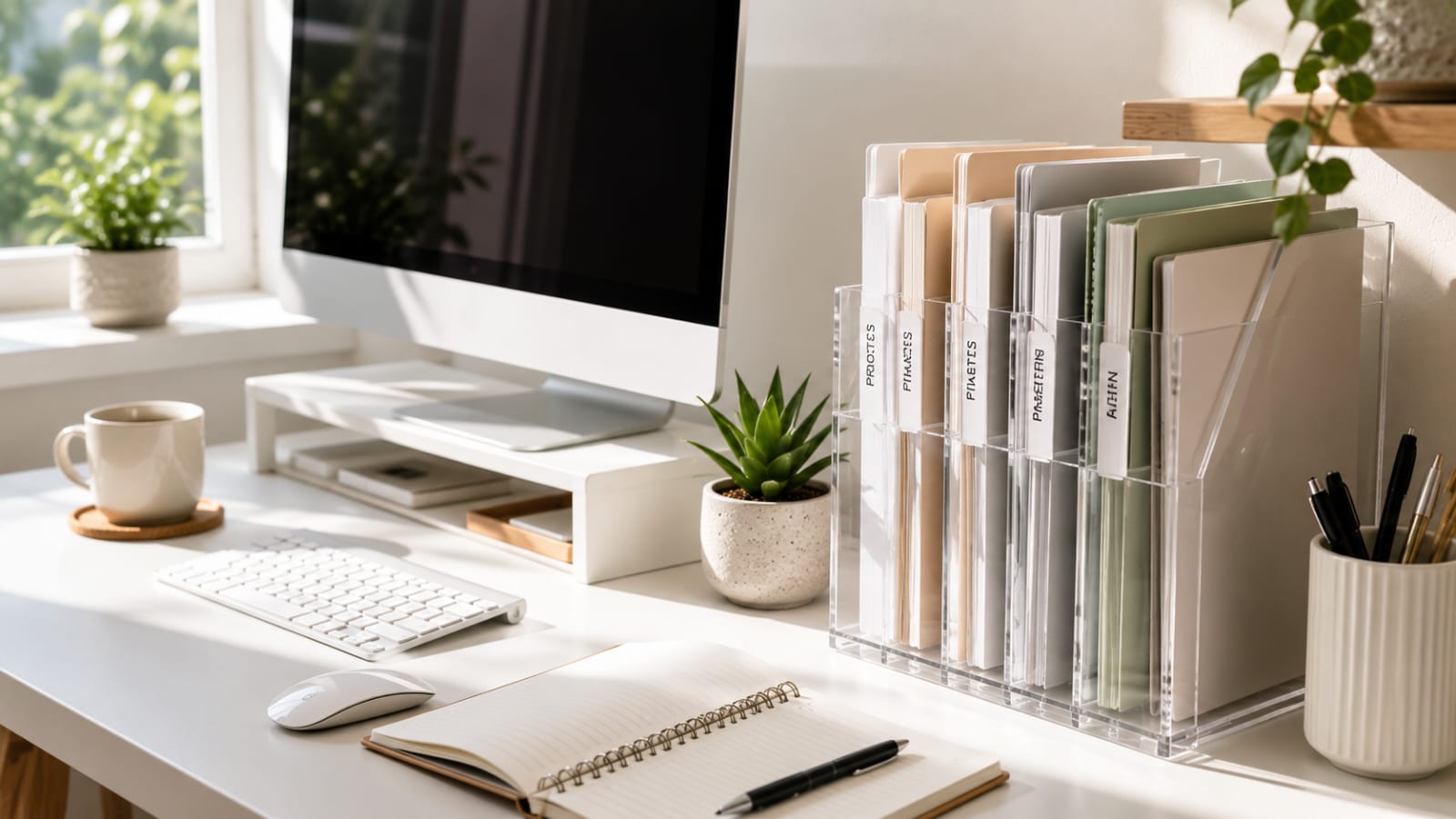 Clear acrylic vertical file holders on a white home office desk organizing project folders for a clutter-free workspace