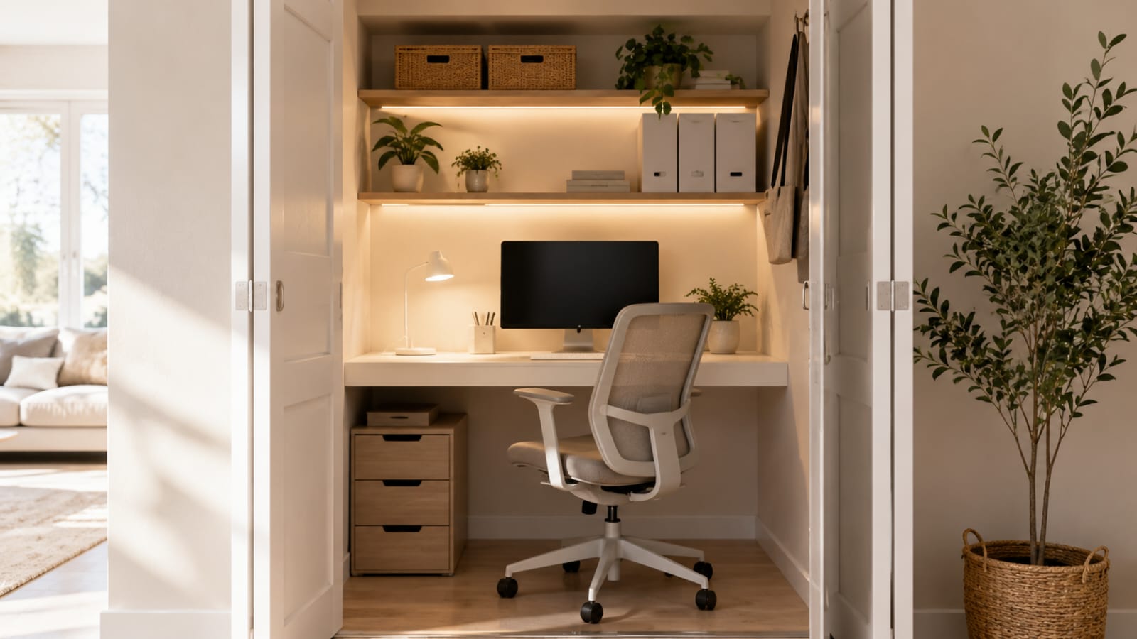 Converted closet home office with floating desk, shelves, and monitor showing a smart small home office organization idea