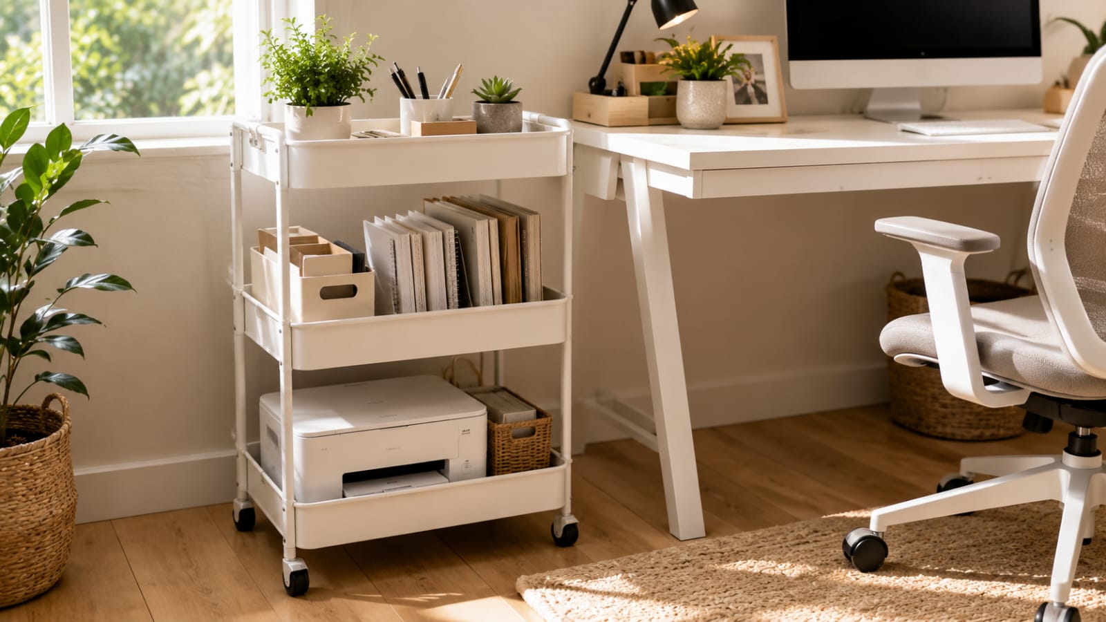 White rolling storage cart beside a home office desk holding office supplies, files, and a printer for flexible home office organization