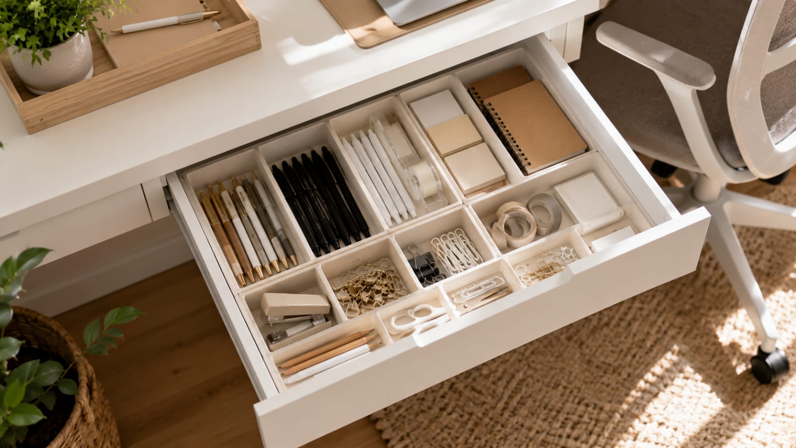 Organized home office desk drawer with modular compartments holding pens, scissors, sticky notes, and office supplies