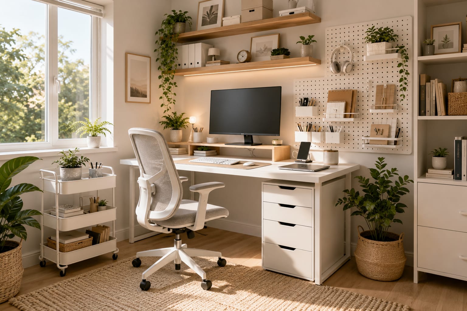 Organized home office desk drawer with modular compartments holding pens, scissors, sticky notes, and office supplies