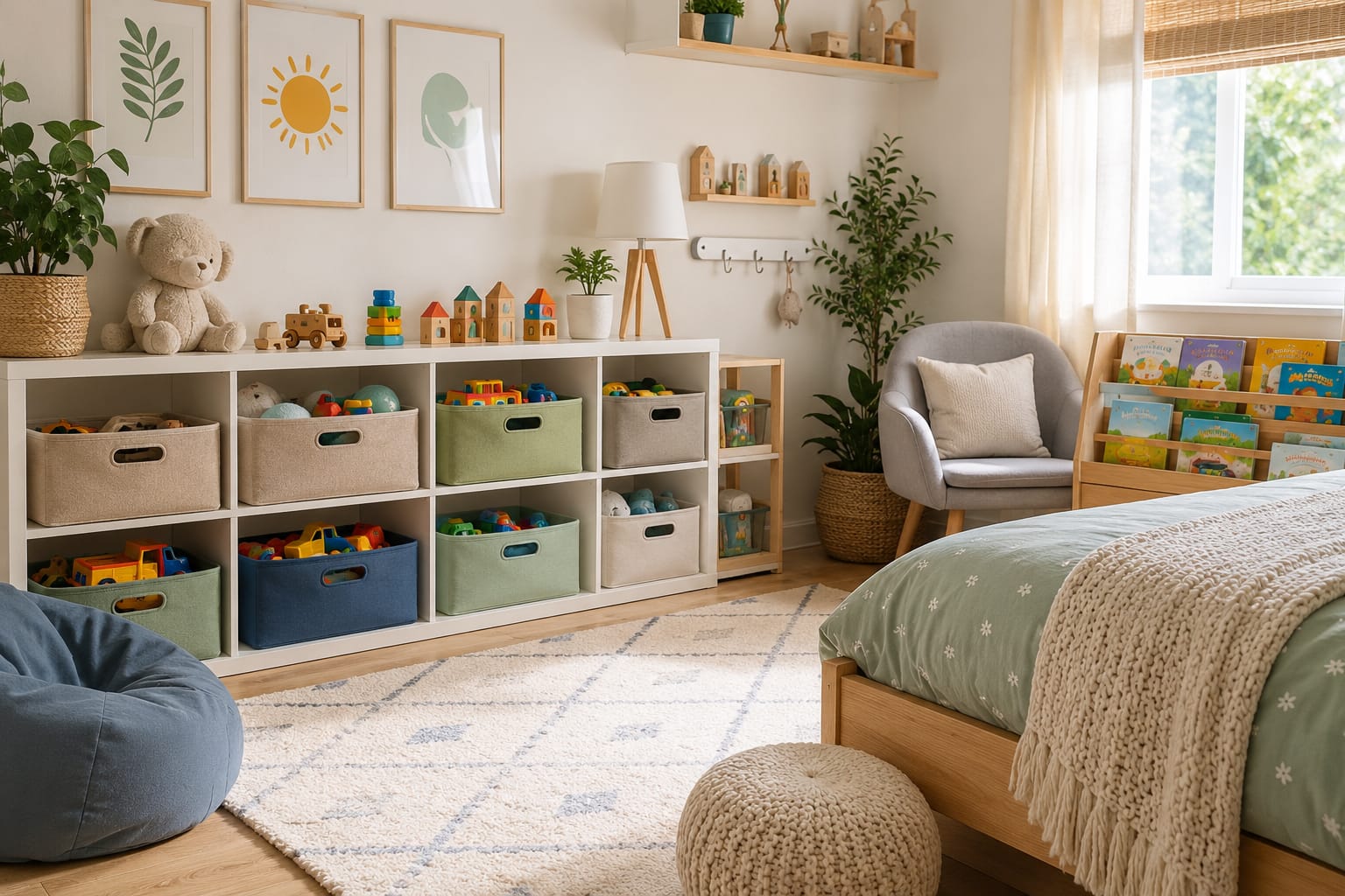 Kids room organization ideas with labeled toy storage and bookshelf
