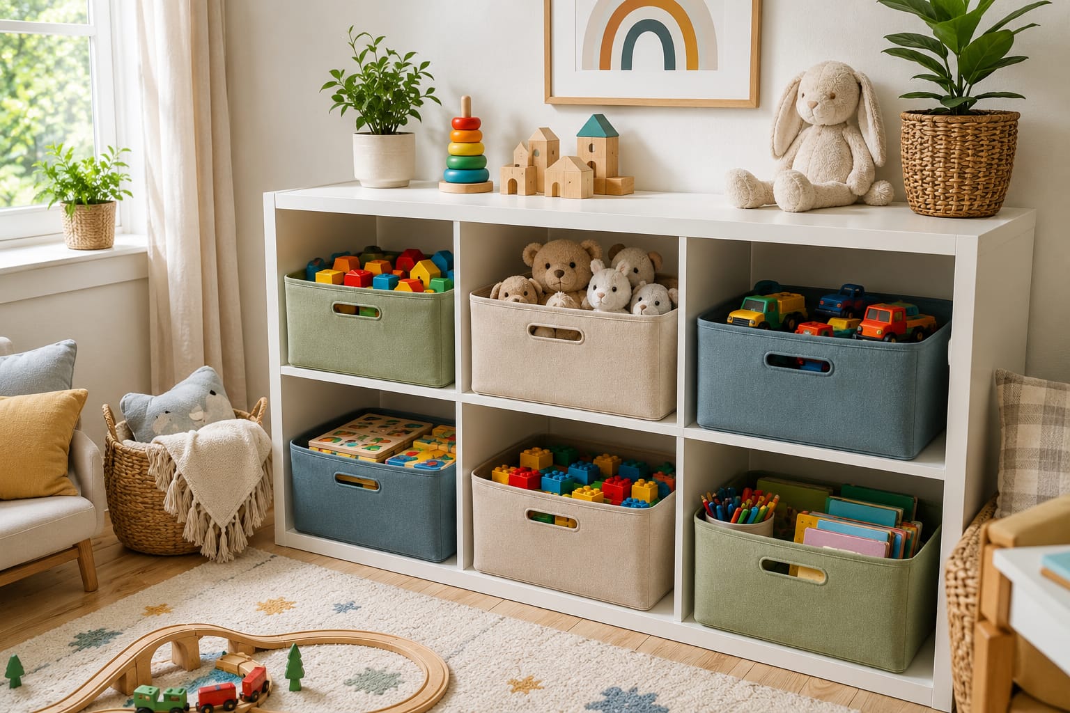 Kids room storage bins organizing toys by category on a white cube shelf