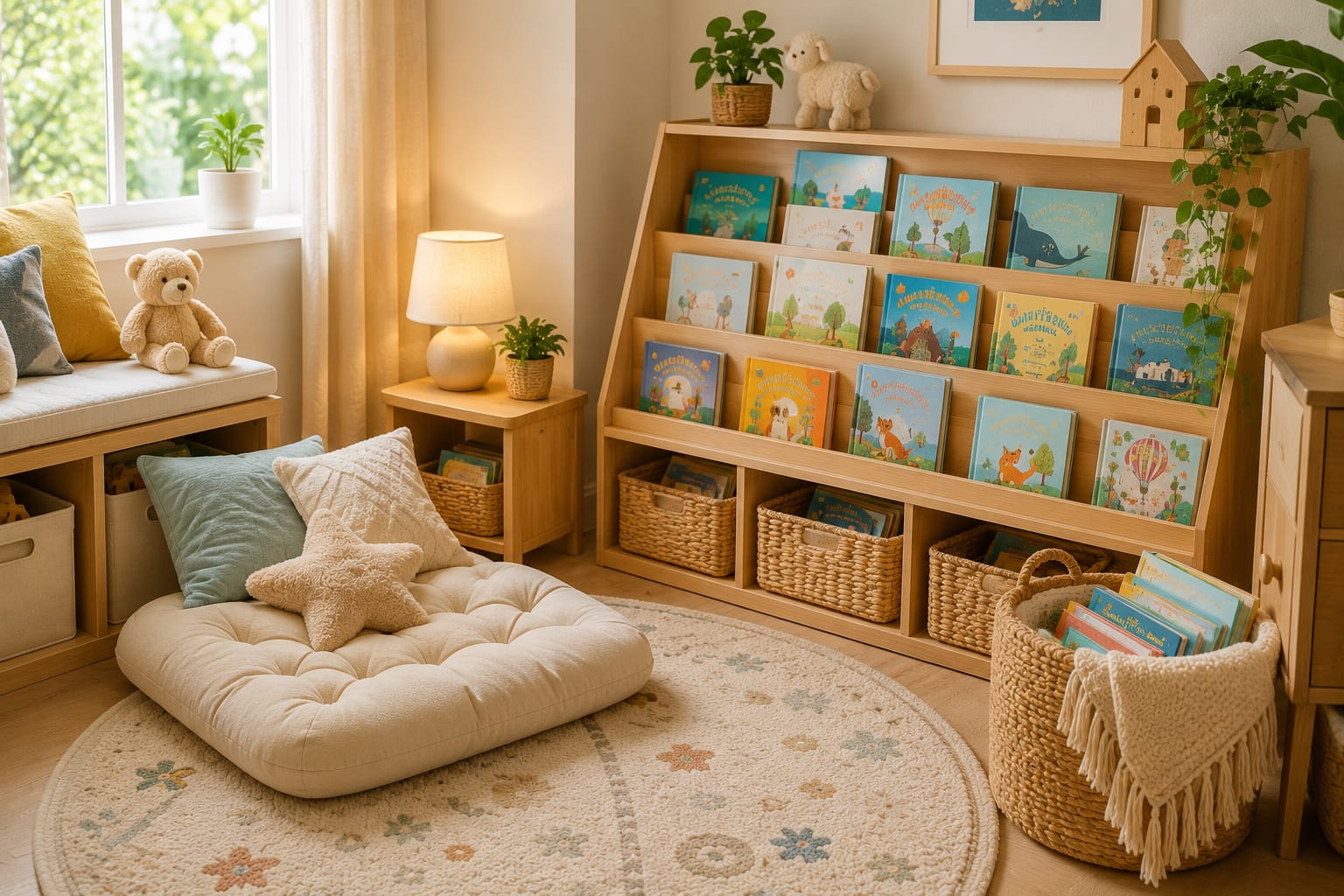 Cozy kids reading nook with low bookshelf, colorful books, and floor cushion