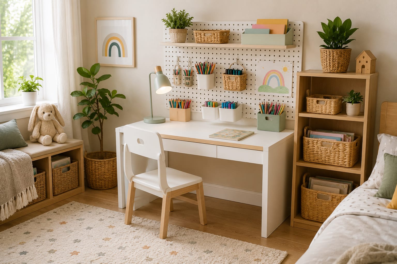 Organized kids homework and art station with child-sized desk, pegboard, and school supply storage