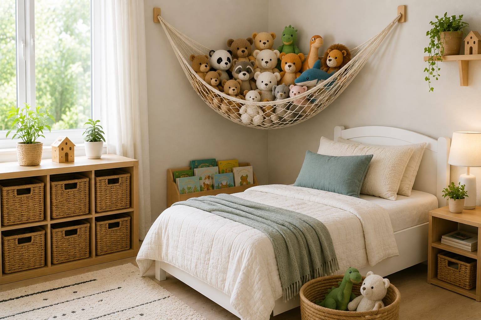 Corner stuffed animal hammock with plush toy storage in an organized kids bedroom