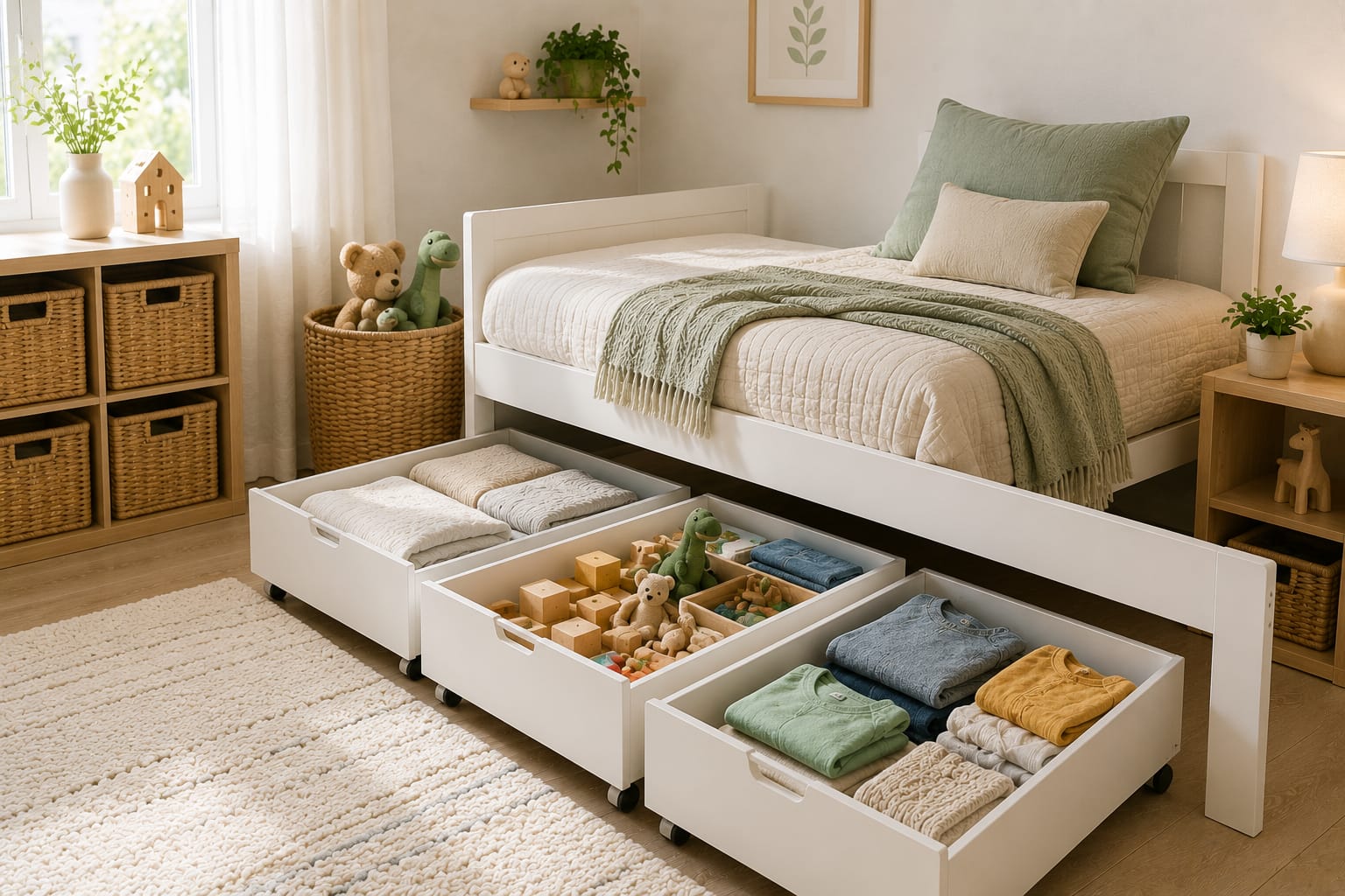 Rolling under-bed storage bins organizing toys, clothes, and bedding in a modern kids bedroom