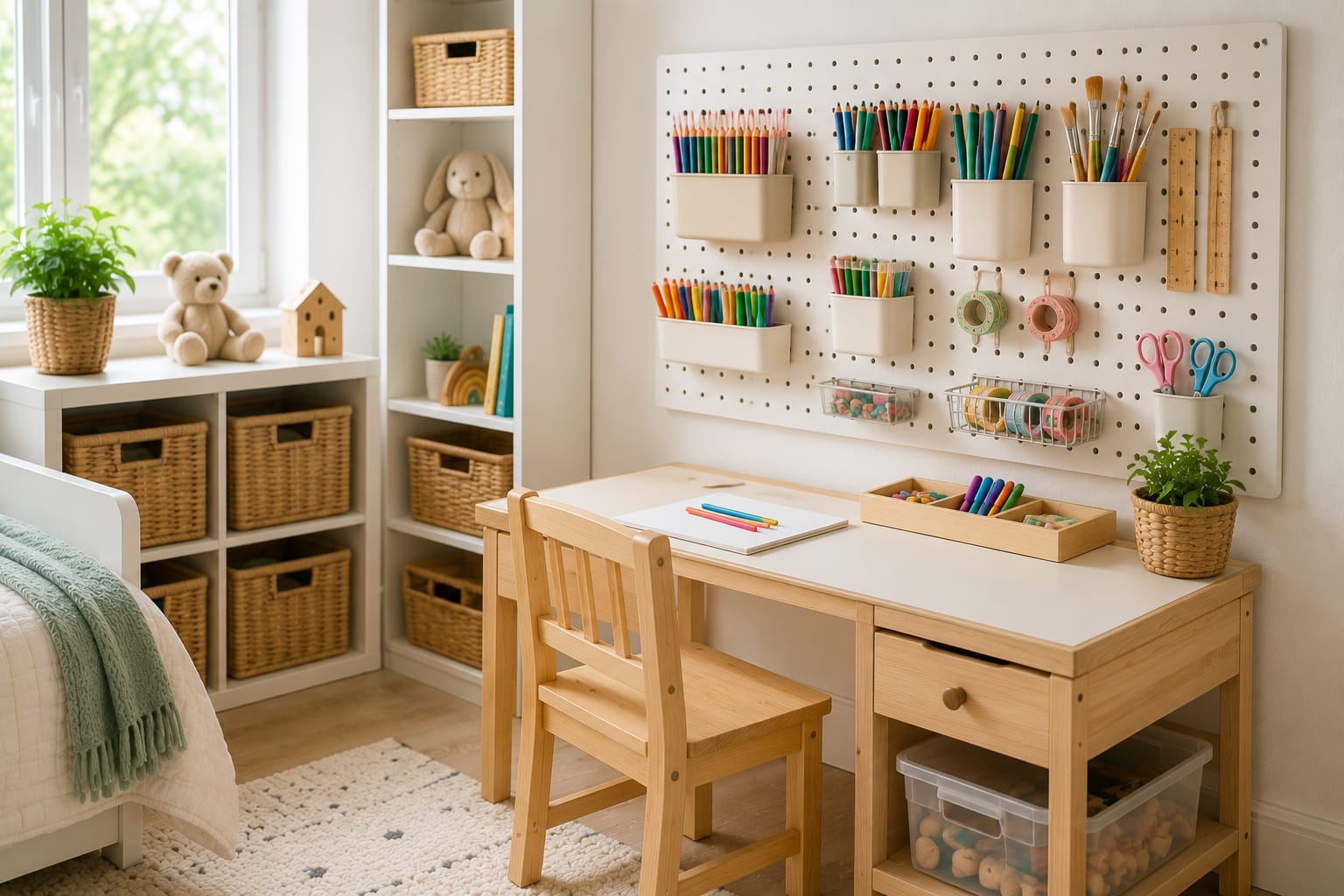 Kids art and craft pegboard with organized colored pencils, paintbrushes, scissors, and school supplies