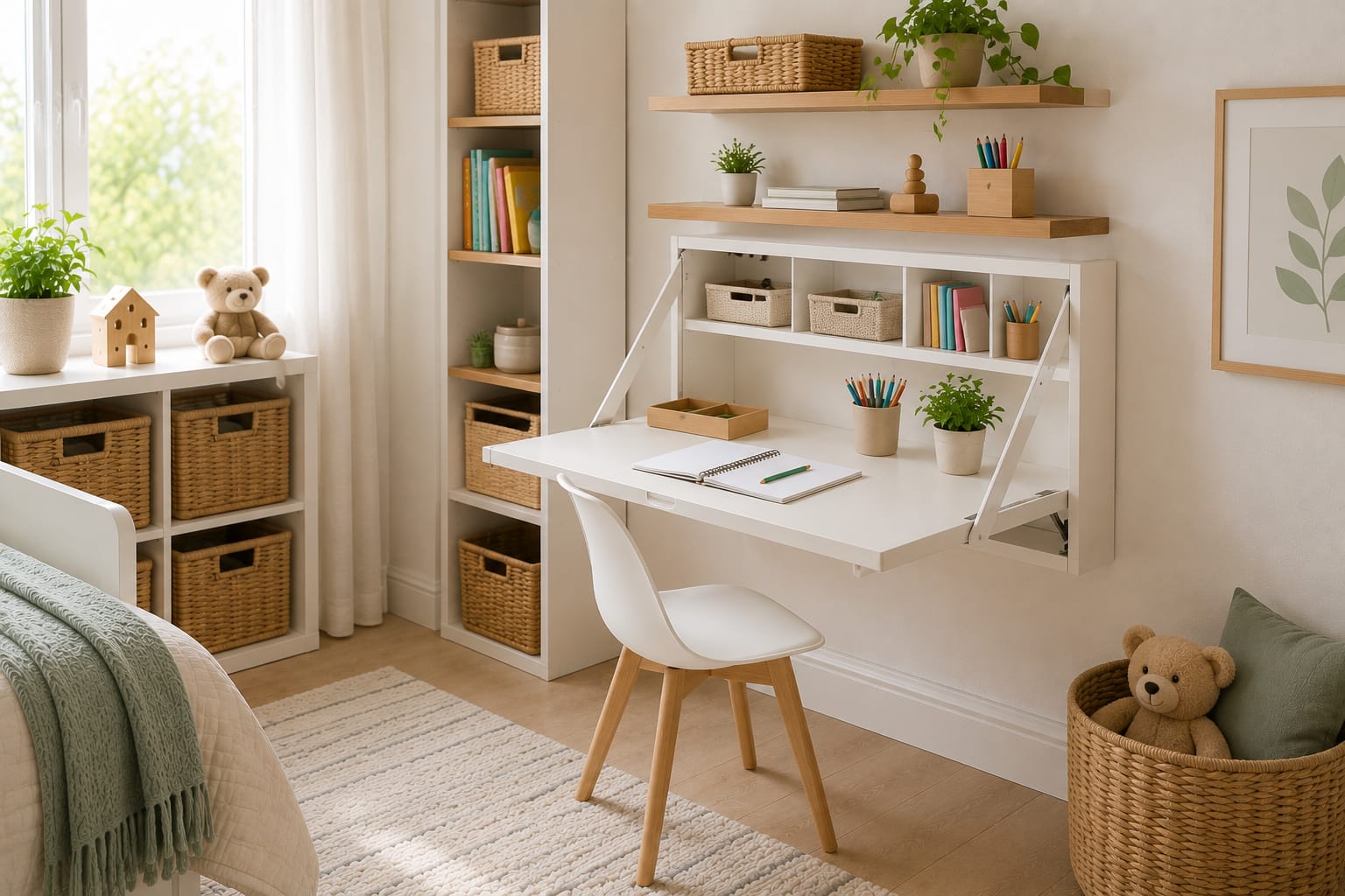 Space-saving wall-mounted fold-down desk with floating shelves in a modern kids bedroom
