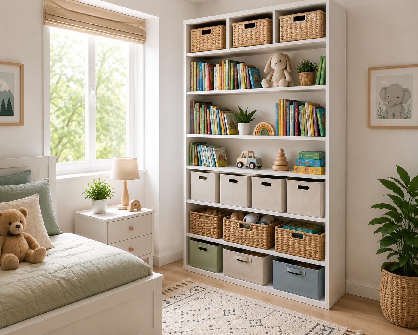 Tall white bookcase with books, storage bins, and toys in a modern kids bedroom