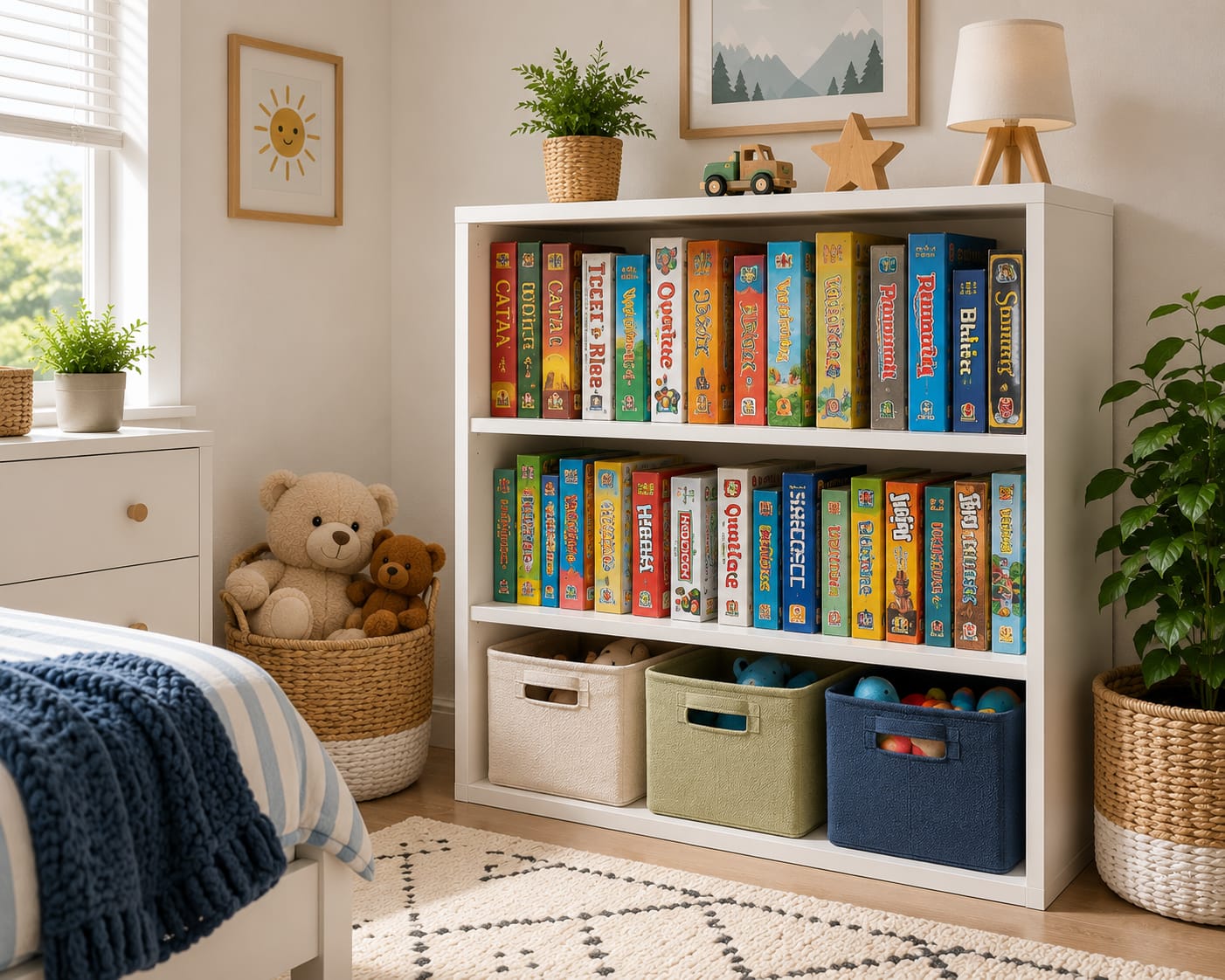 Board games stored vertically on a bookshelf in an organized kids bedroom