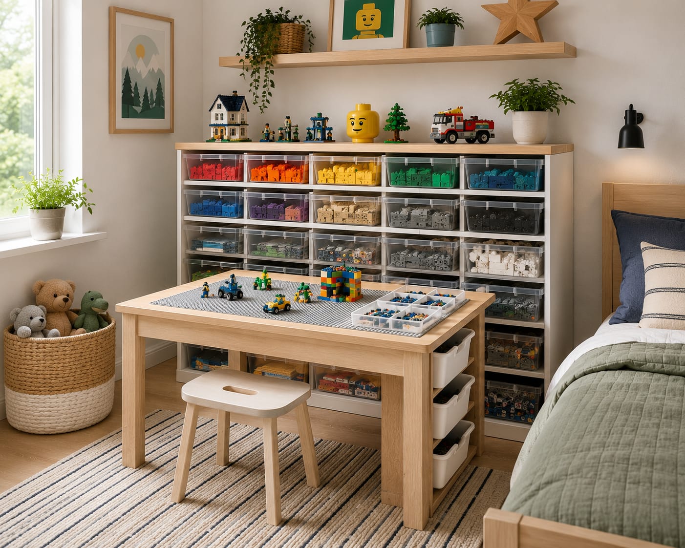 Dedicated LEGO building station with organized storage drawers in a kids bedroom