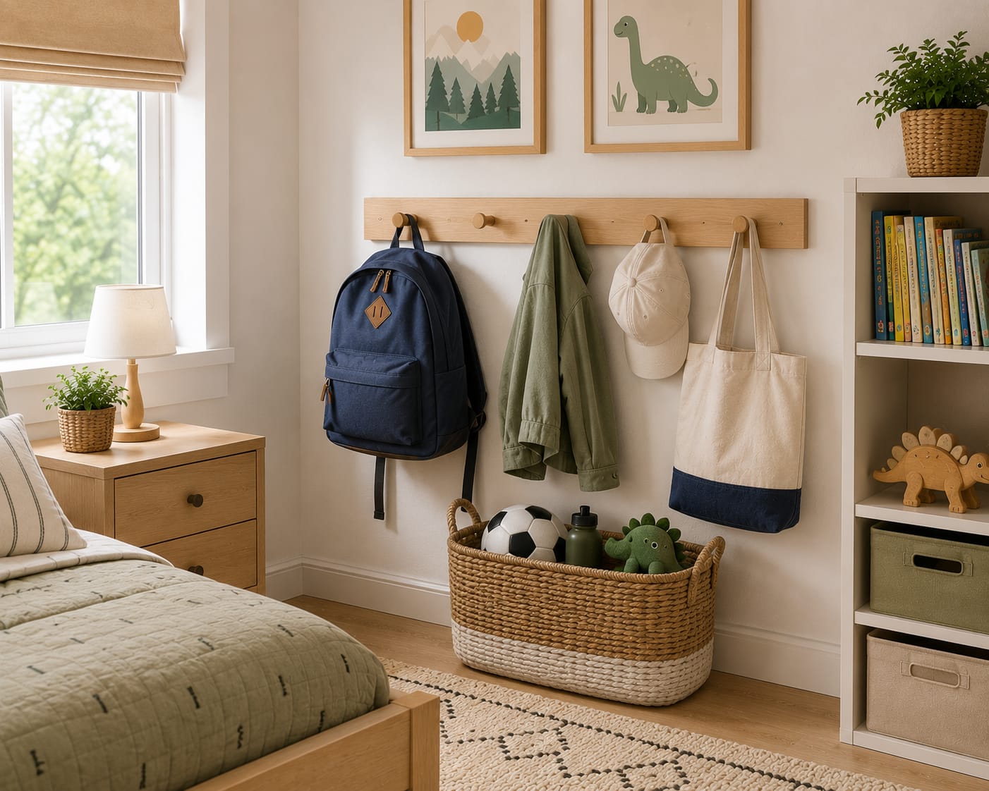 Low wall-mounted hook rail with backpack, jacket, and tote bag in an organized kids bedroom