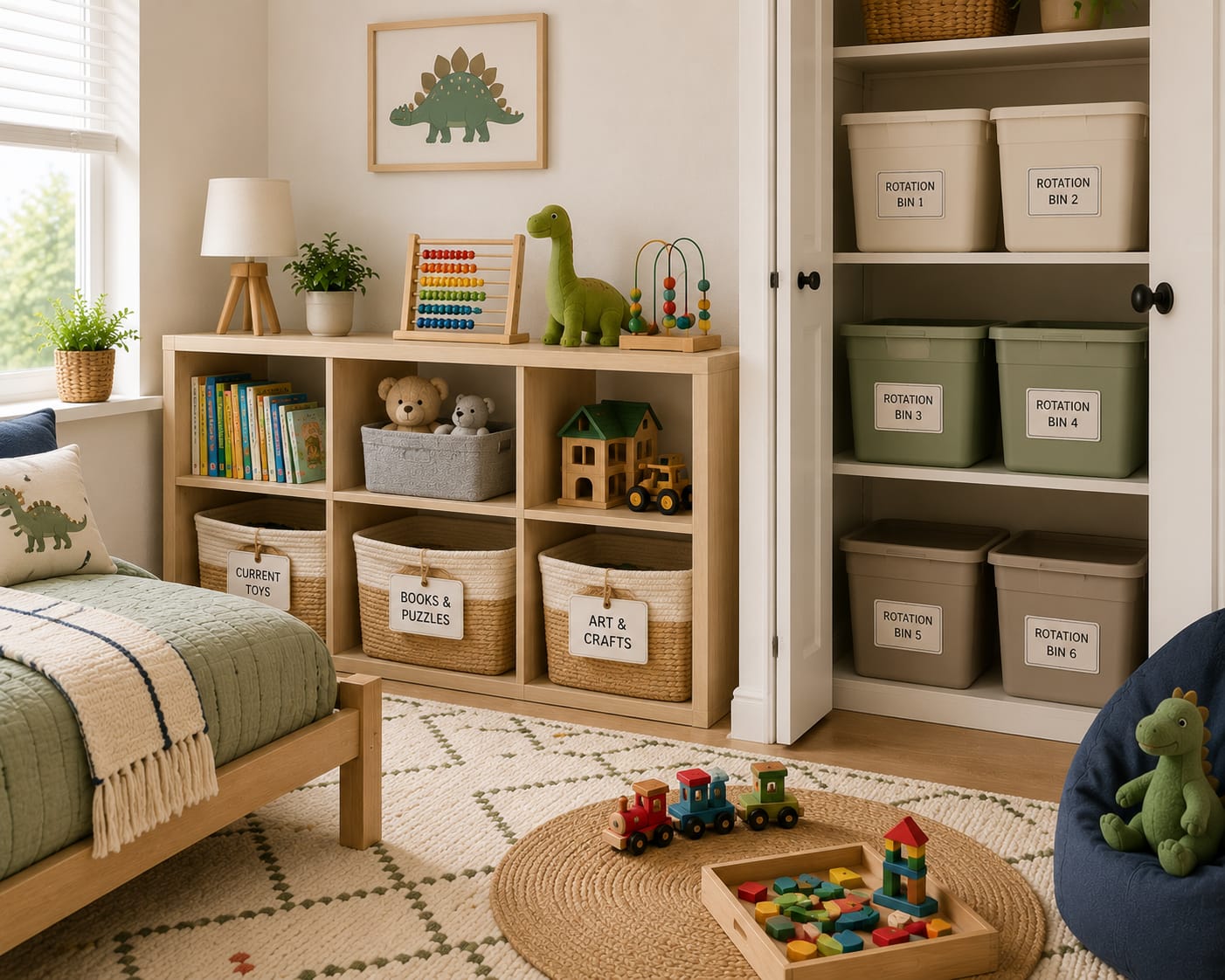 Labeled toy rotation storage bins keeping a kids bedroom organized and clutter-free