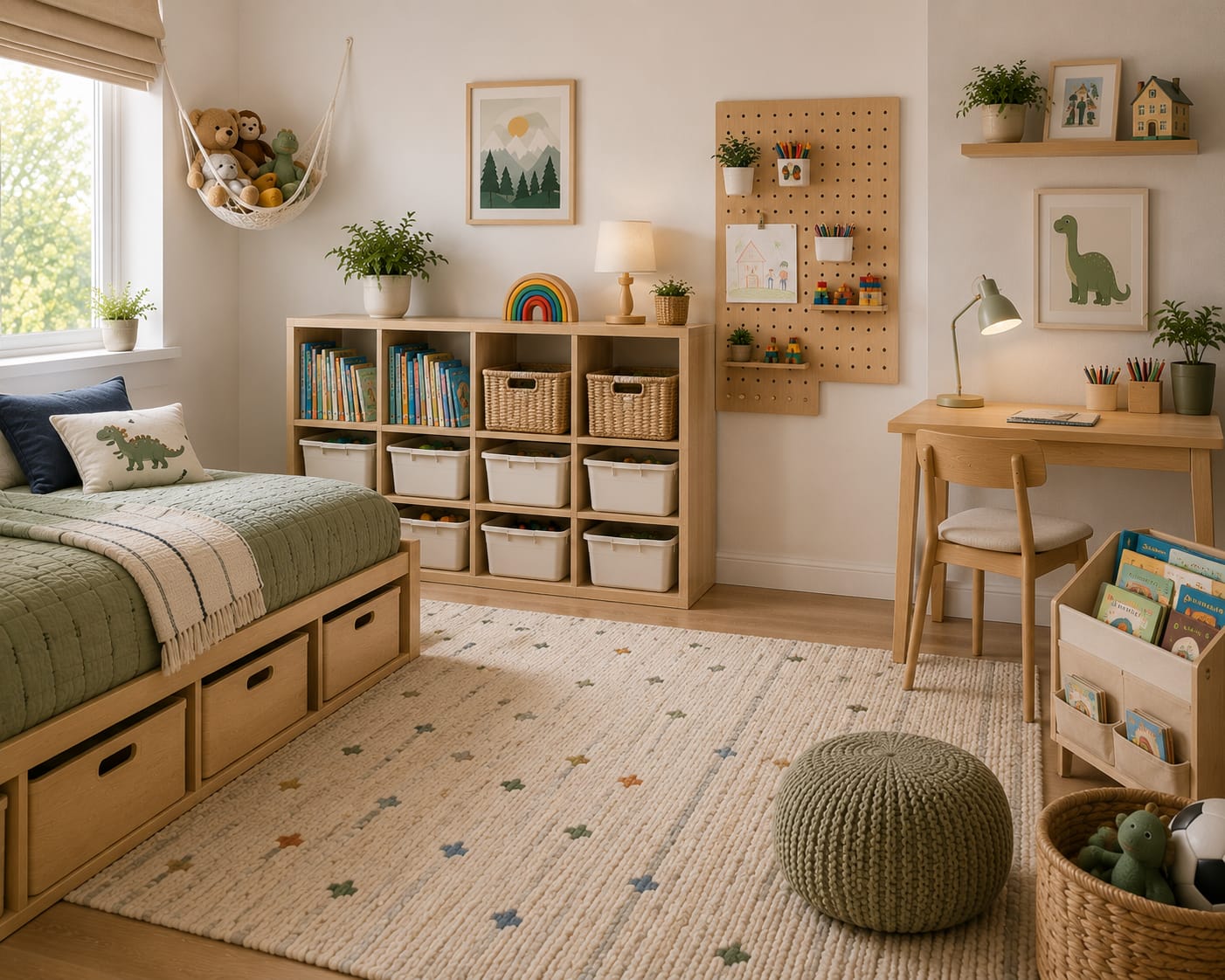 Neatly organized kids bedroom after a weekly room reset with labeled storage bins and tidy shelves