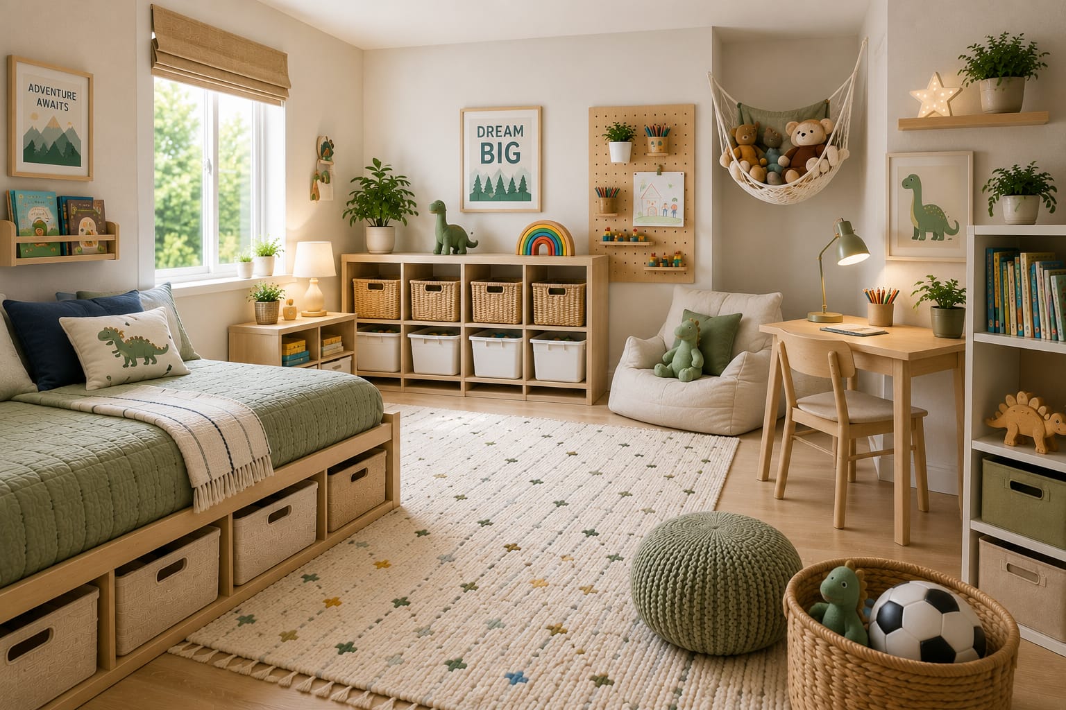 Modern organized kids bedroom with toy storage, study desk, reading area, and smart storage solutions