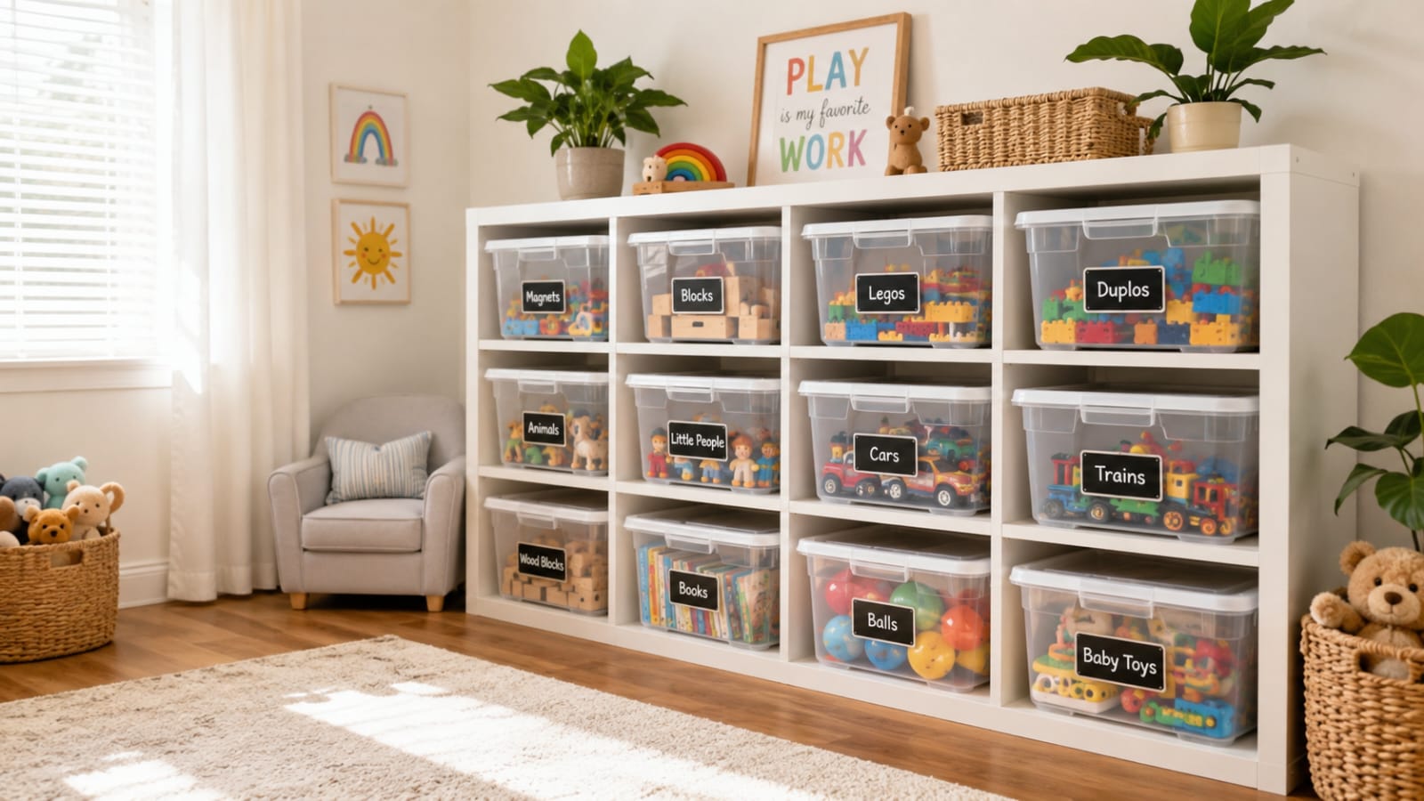 Organized playroom with labeled toy storage bins on open shelves