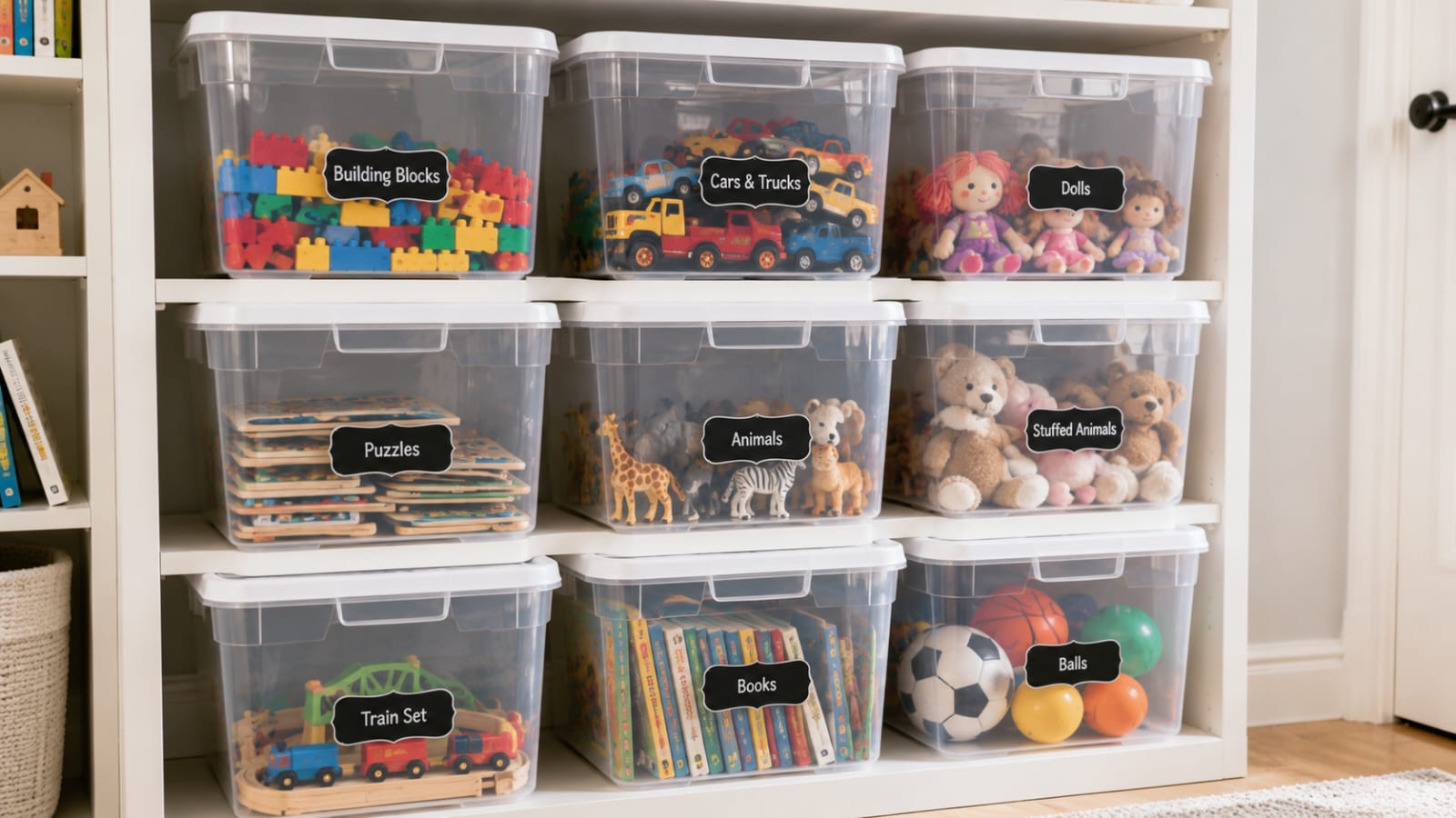 Clear plastic toy storage bins sorted by category