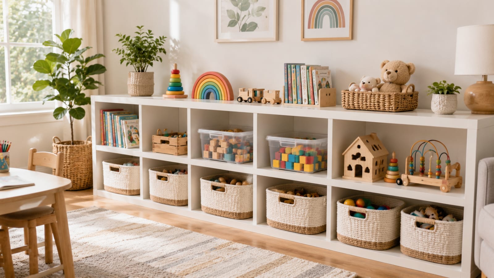 Low open shelving unit for kids toy organization