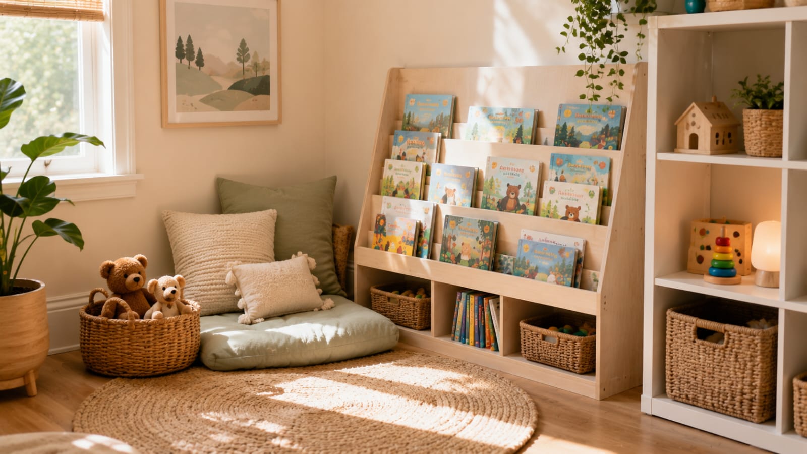 Reading nook separated from playroom toy area