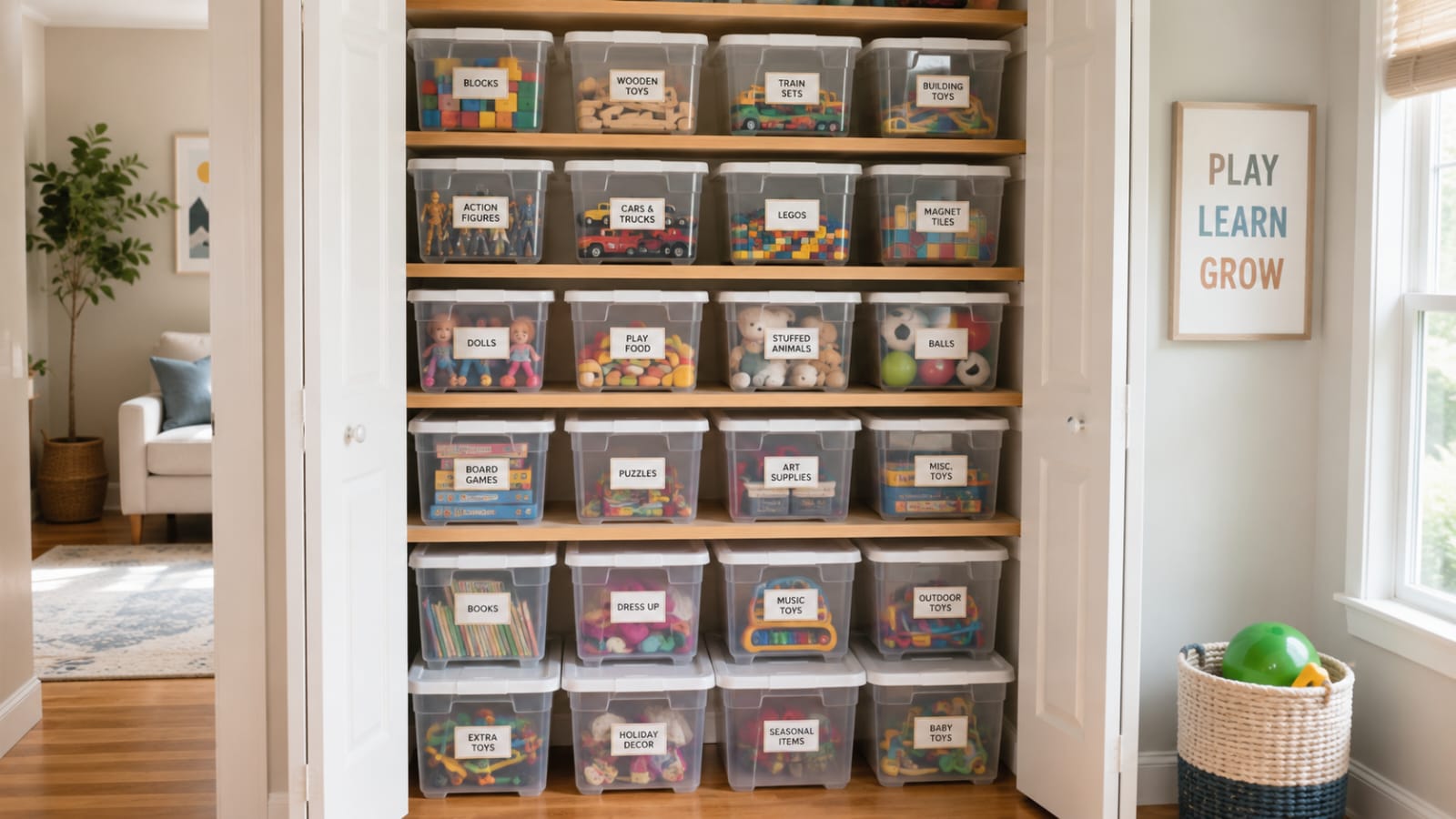 Stackable toy bins maximizing vertical closet storage