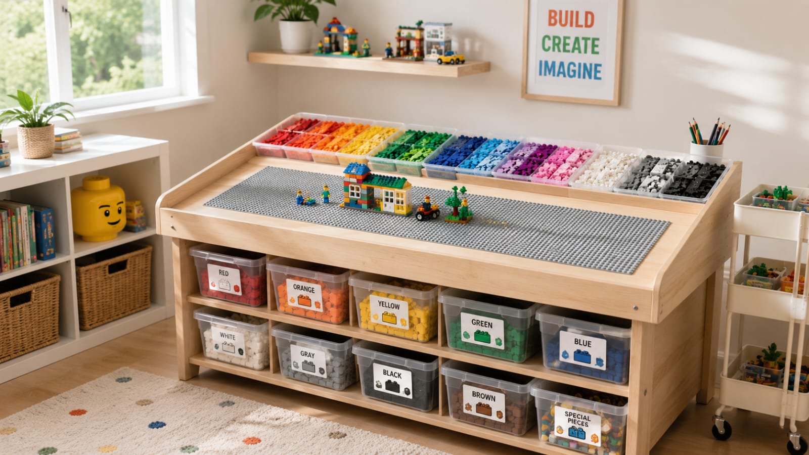 LEGO organization station with clear sorting trays and a dedicated building table