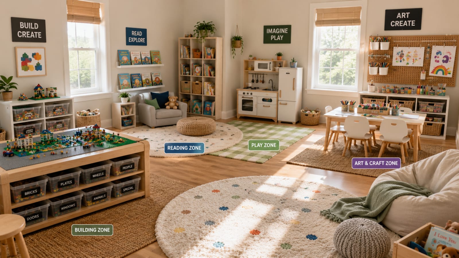 Playroom organized into separate activity zones