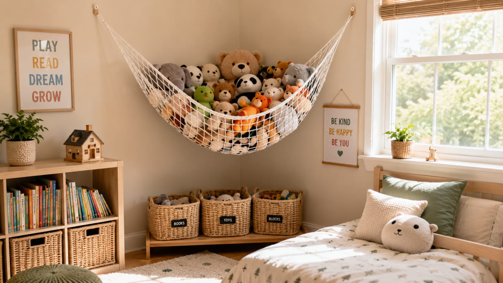 Hanging net storage for stuffed animals in kids room