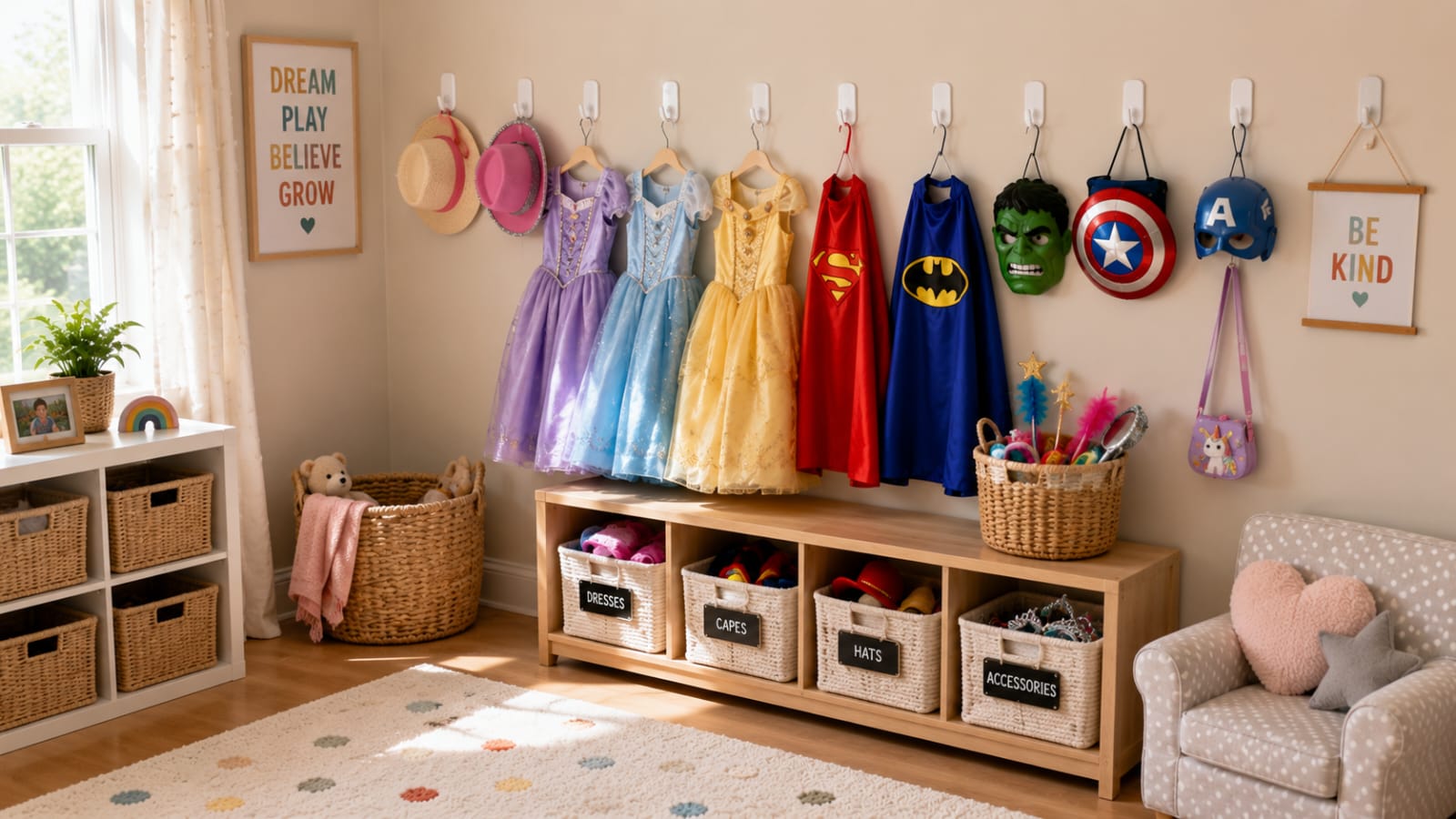 Command hooks used for kids dress-up costume storage