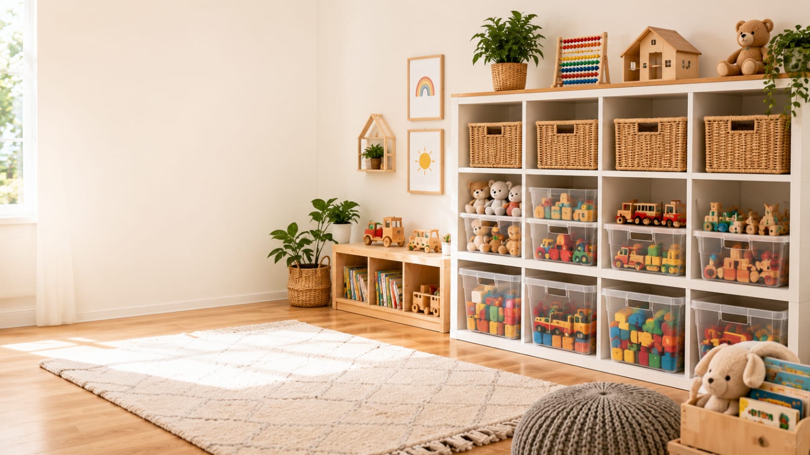 29 toy organization ideas with organized playroom, clear storage bins, and open shelving
